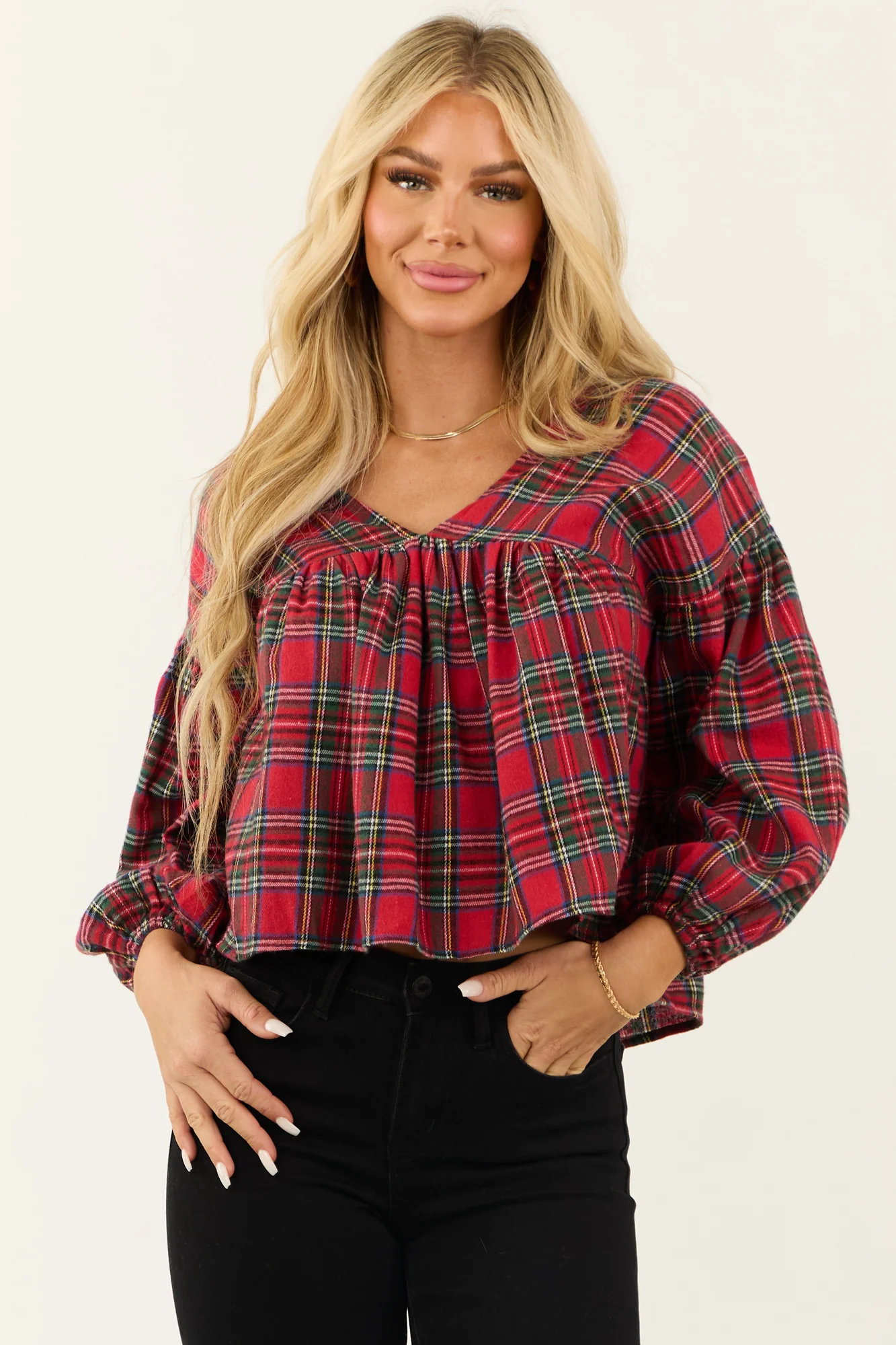 Plaid Tie Back Long Sleeve Top in Lipstick Red