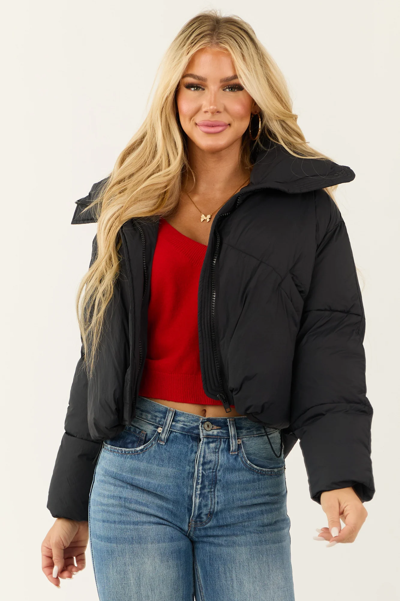 Black Puffer Jacket with Mock Neck and Long Sleeves