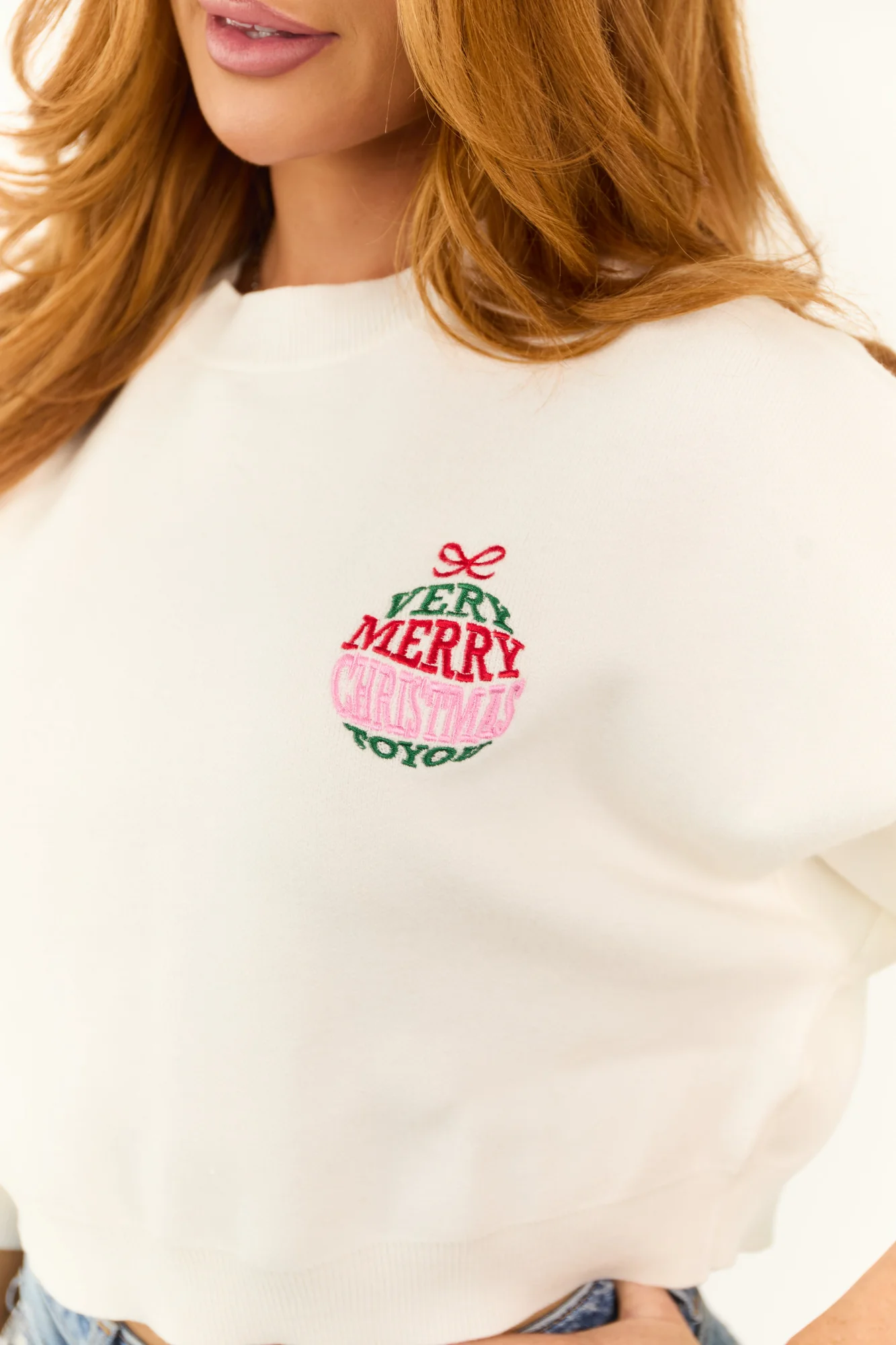 Christmas Embroidered Boxy Sweater in Off White