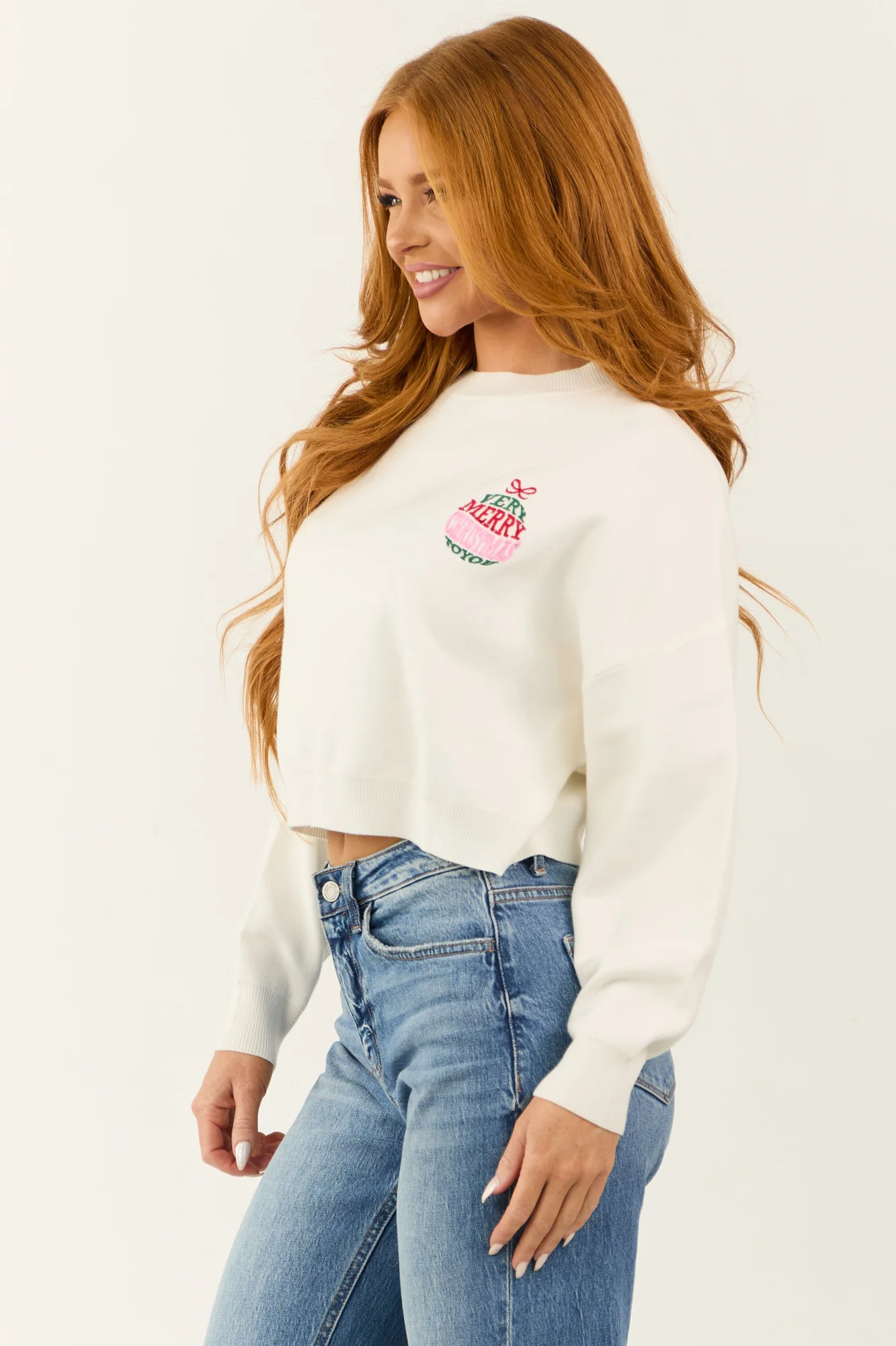 Christmas Embroidered Boxy Sweater in Off White