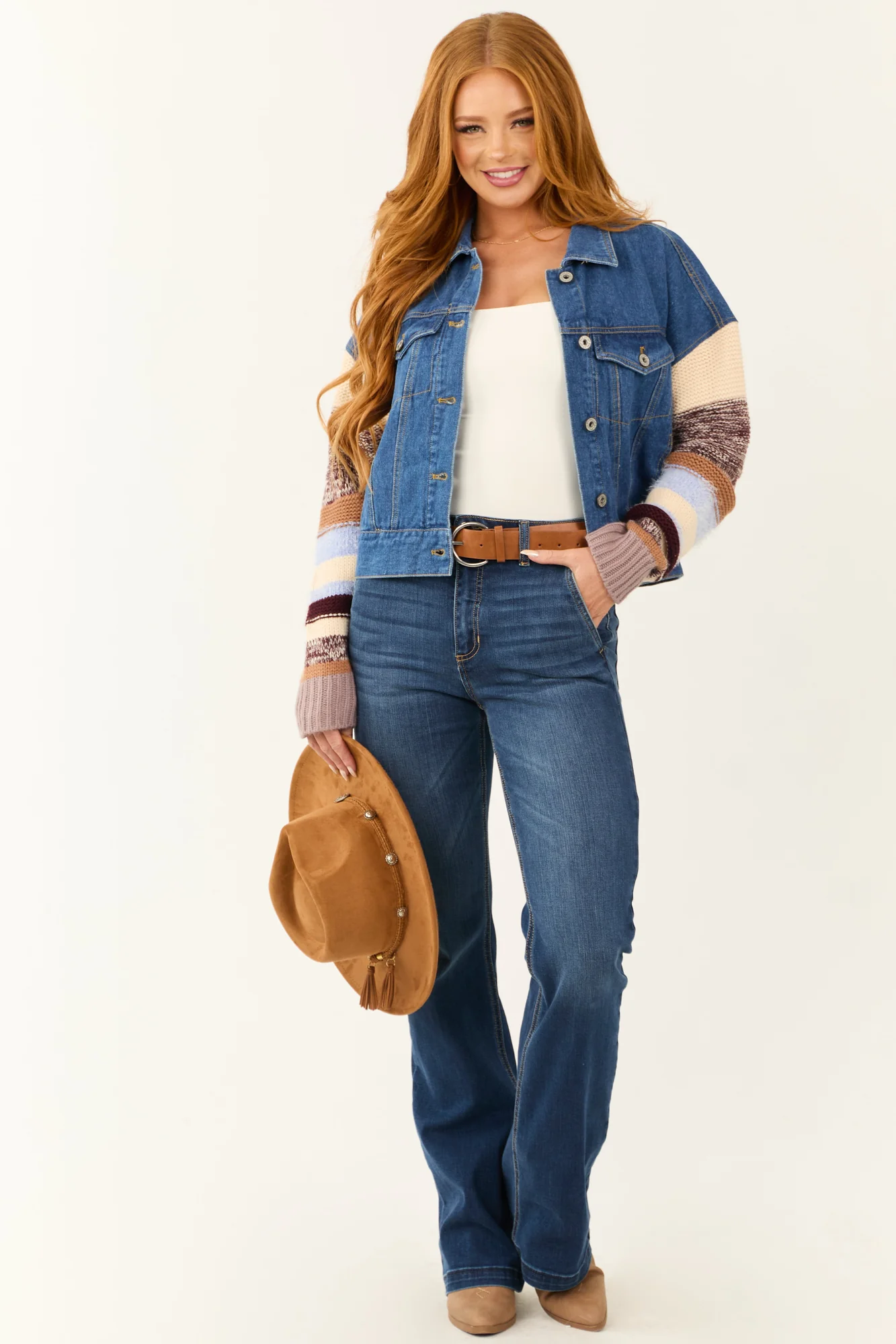 Blue Denim Jacket with Knit Contrast Sleeves