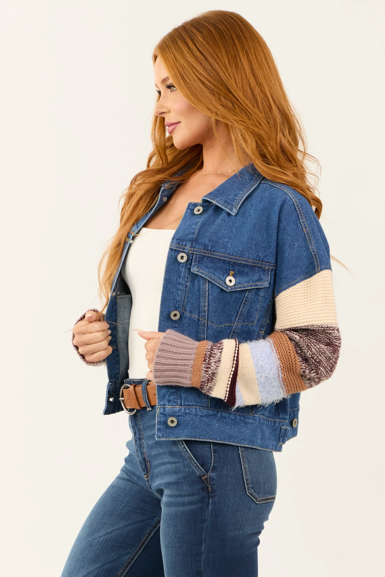 Blue Denim Jacket with Knit Contrast Sleeves