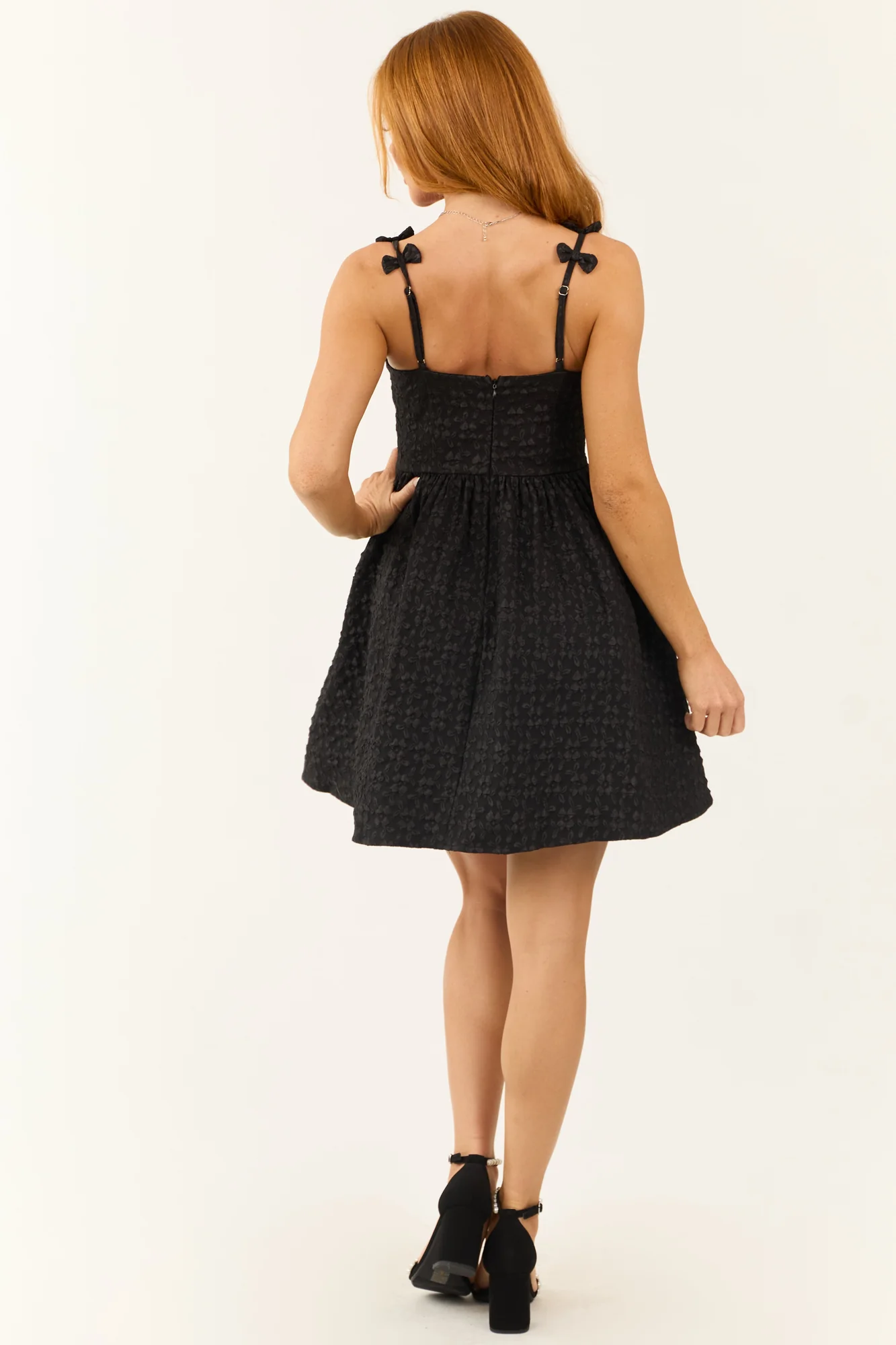 Black Jacquard Mini Dress with Sweetheart Neckline