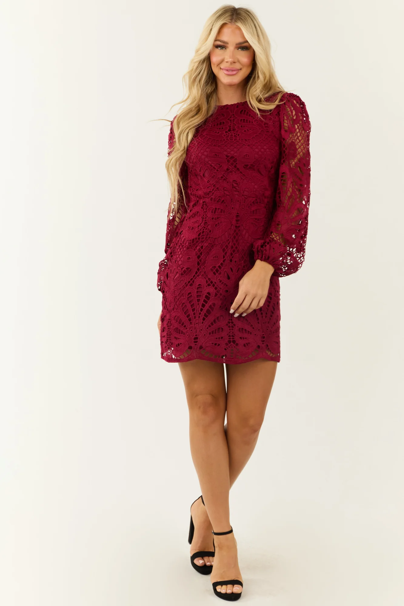 Wine Lace Sheath Mini Dress with Open Back