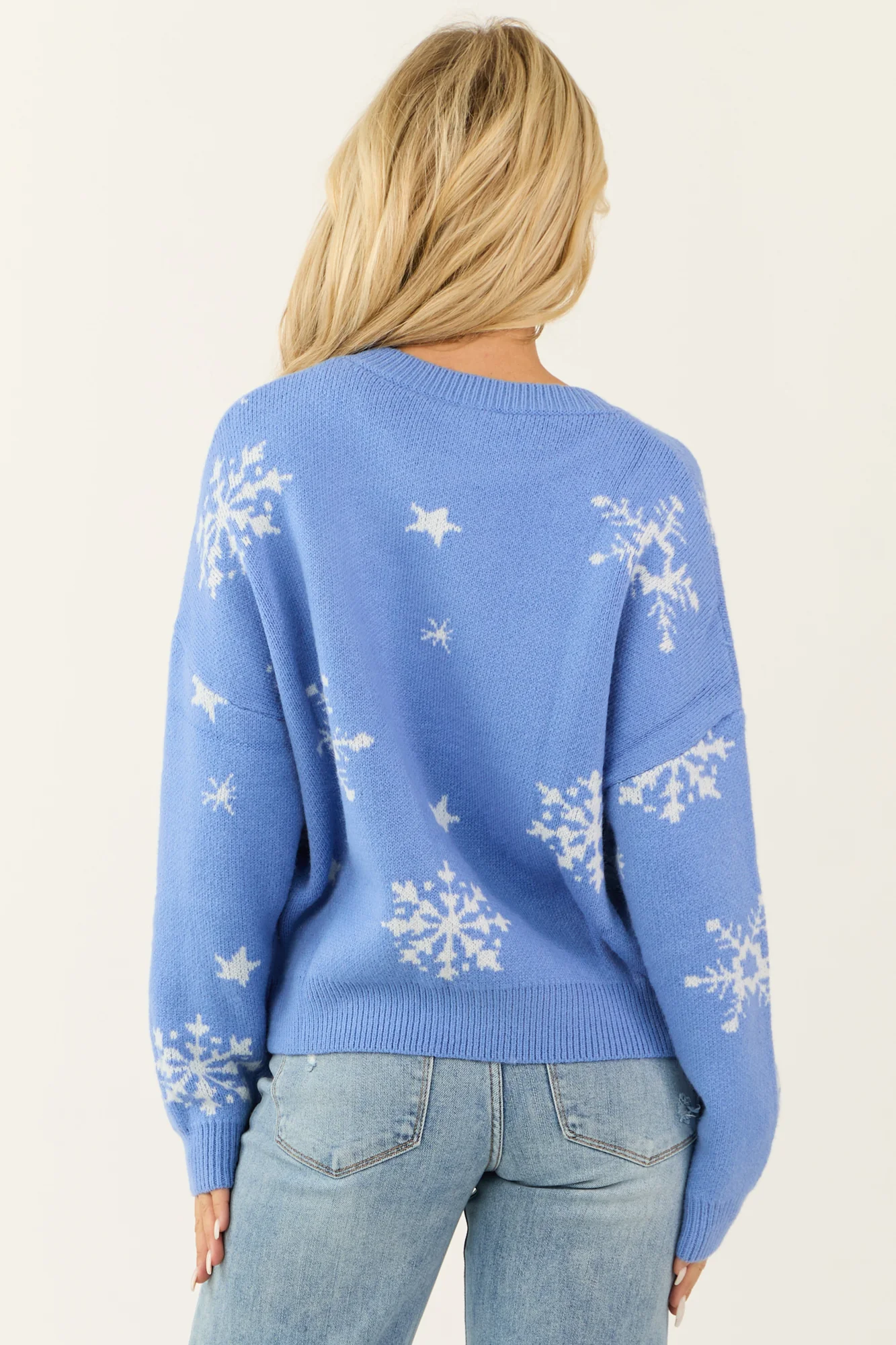 Cornflower Color Snowflake Knit Sweater Womens Fashion