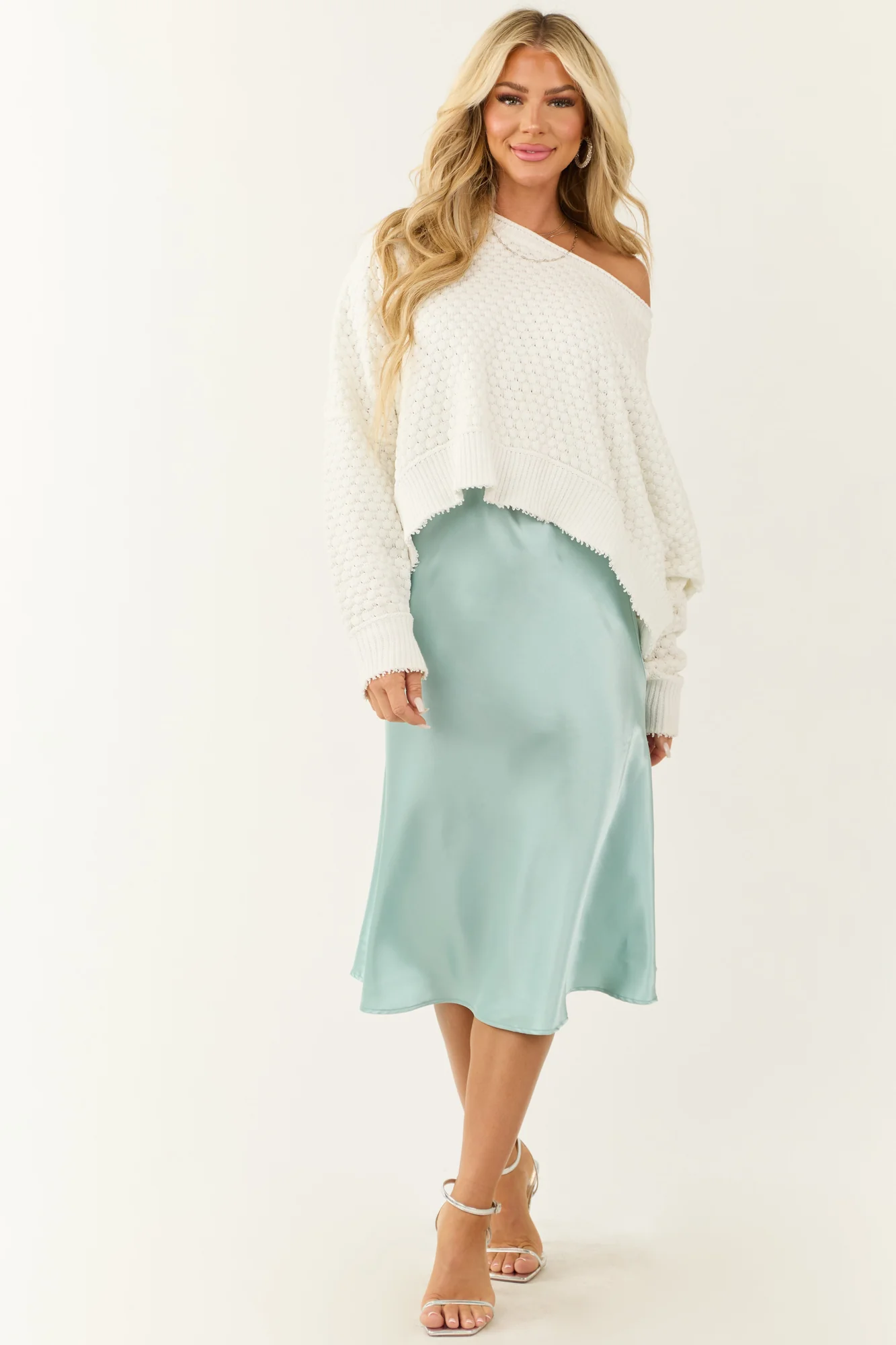 Blue Satin Flare Midi Skirt