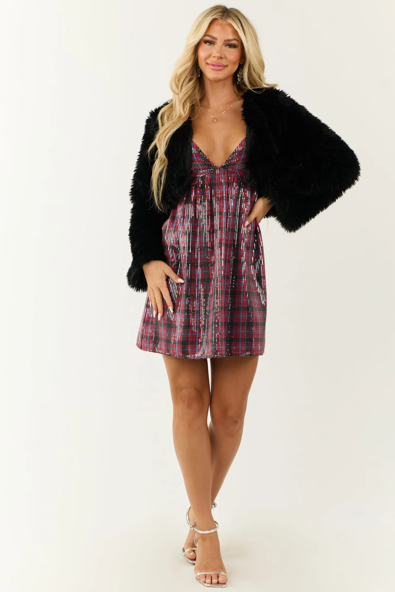 Sequin Plaid Sleeveless Mini Dress Red Black Blue Sweetheart Neckline