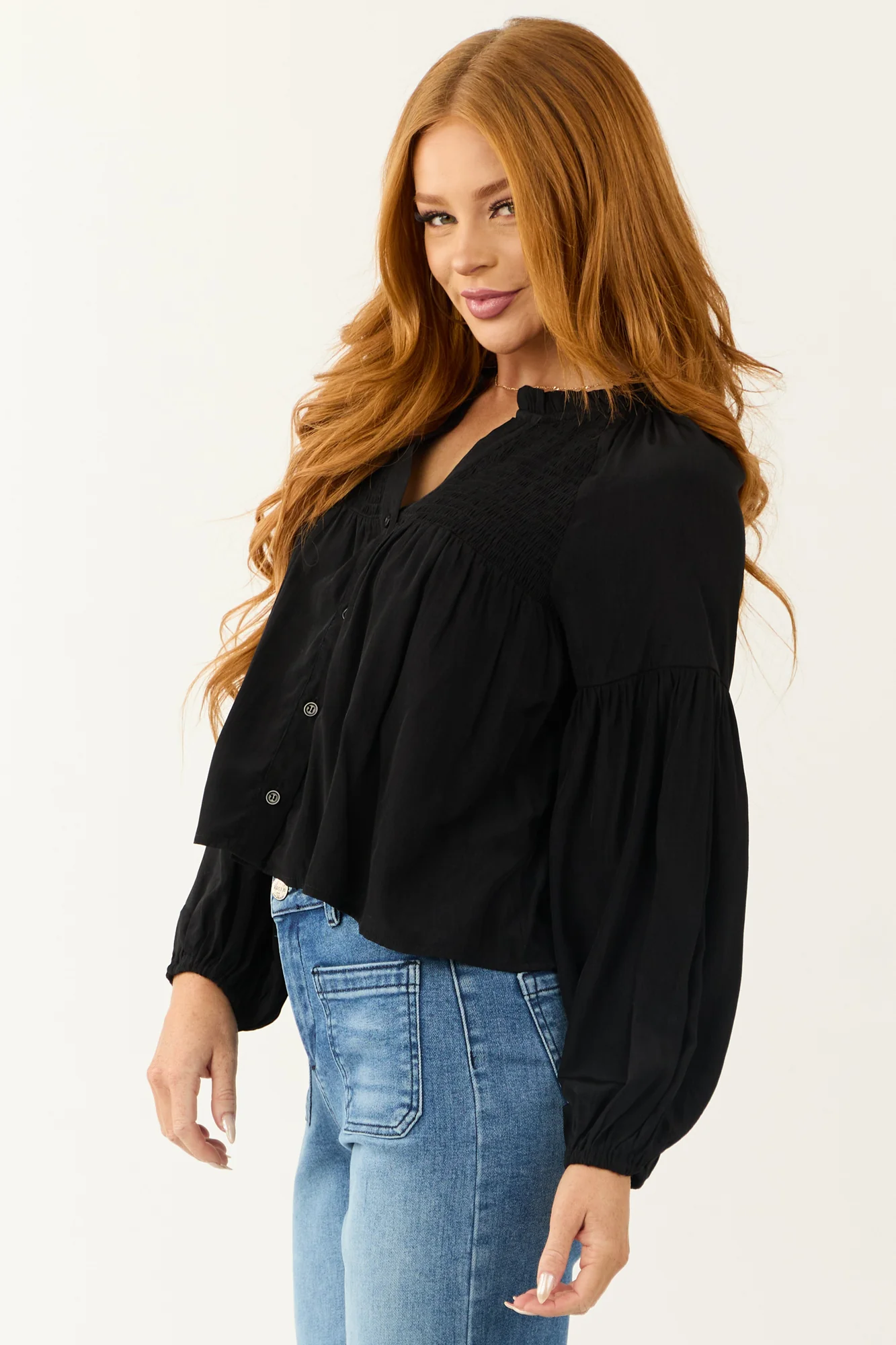 Black Smocked Long Sleeve Top