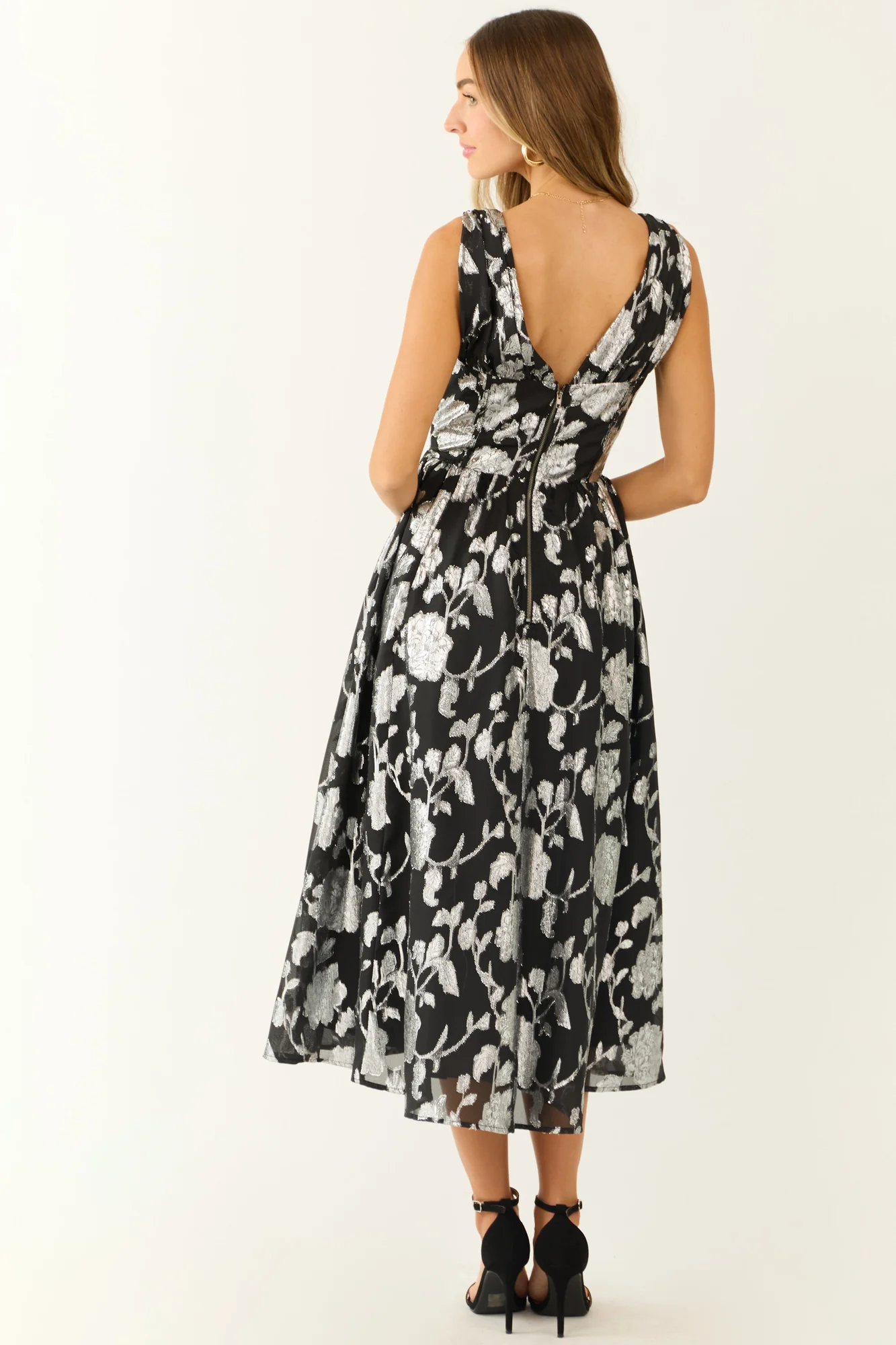 Black Floral Midi Dress with Silver Detailing