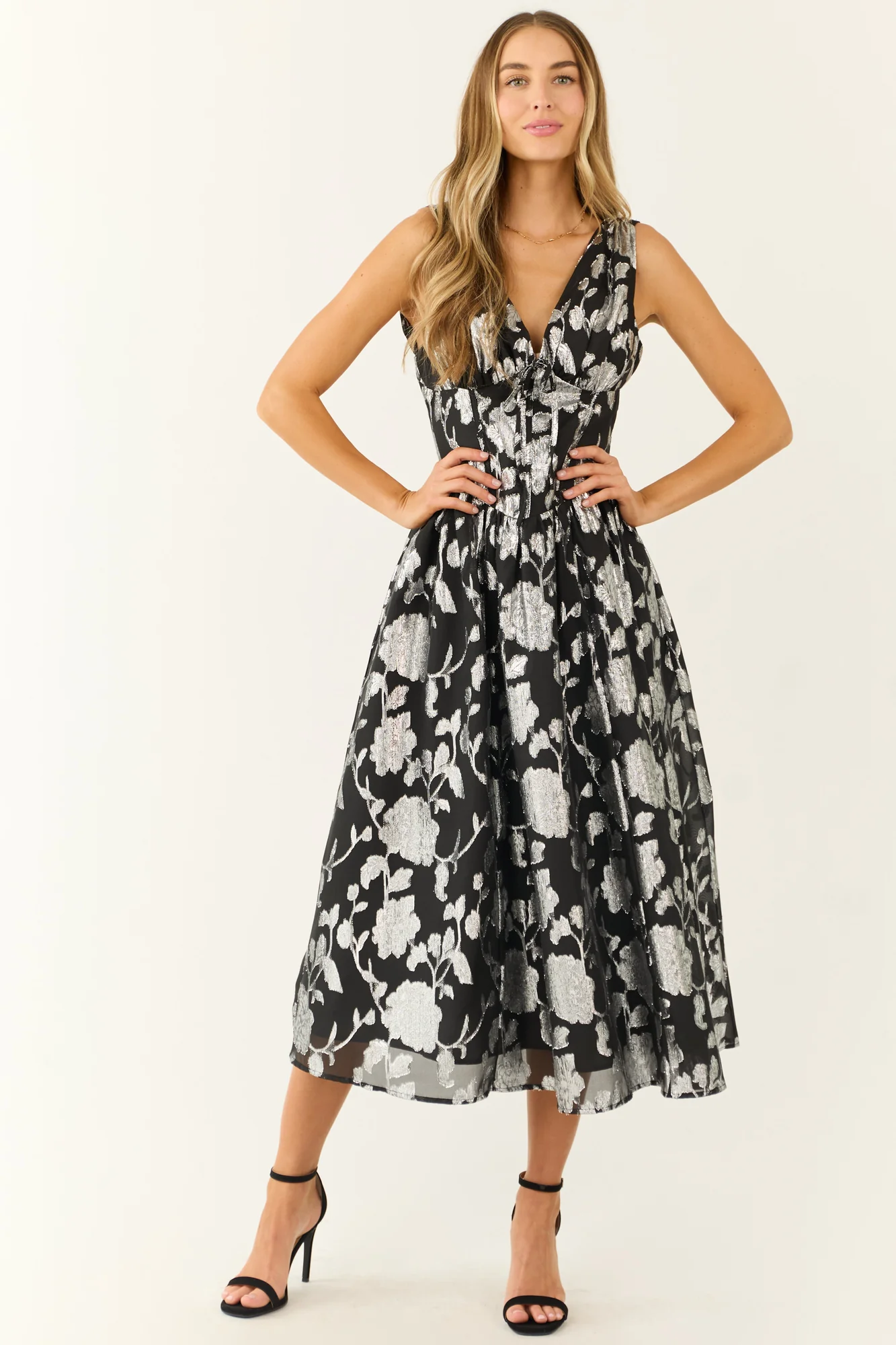 Black Floral Midi Dress with Silver Detailing