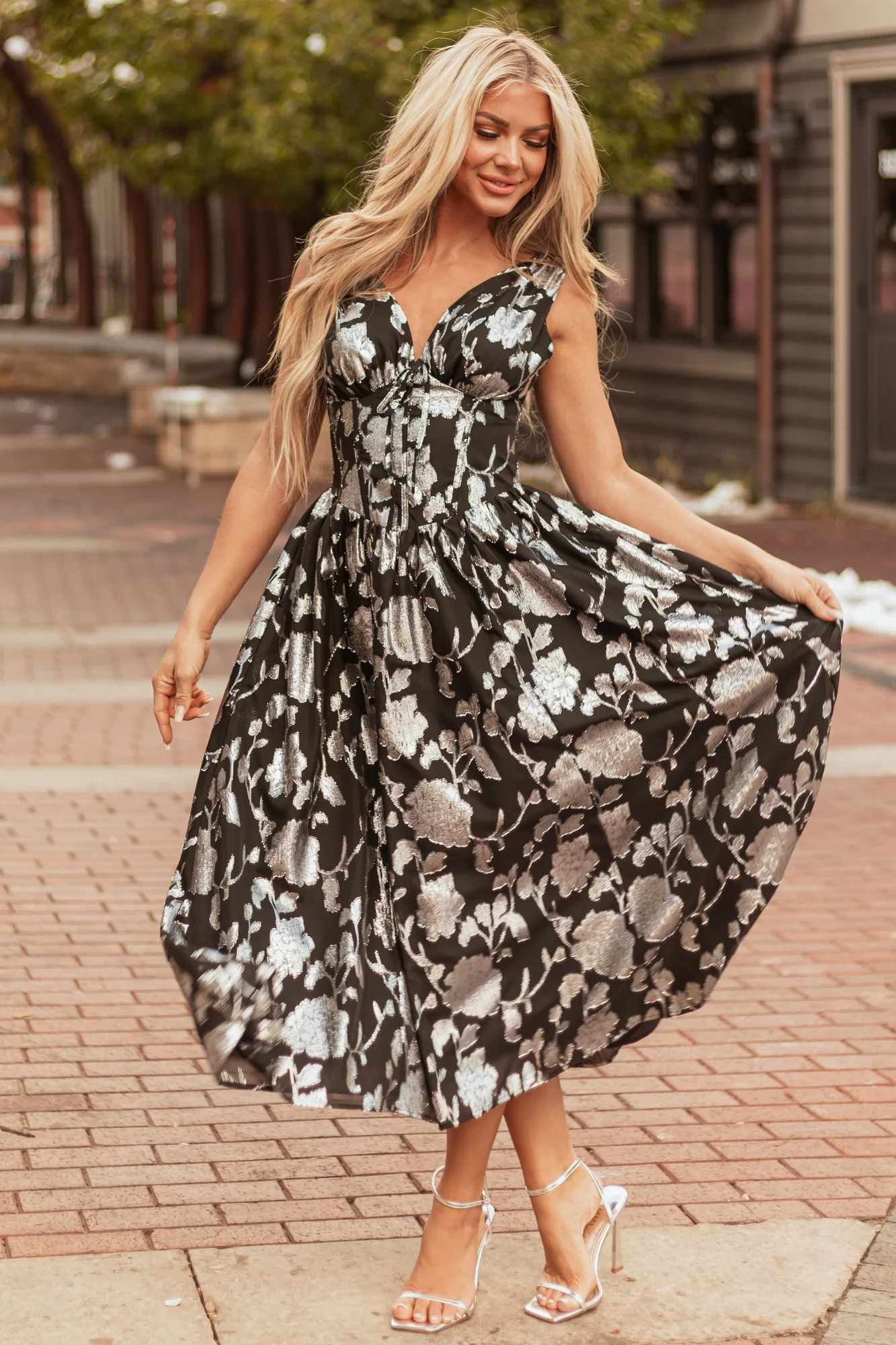Black Floral Midi Dress with Silver Detailing
