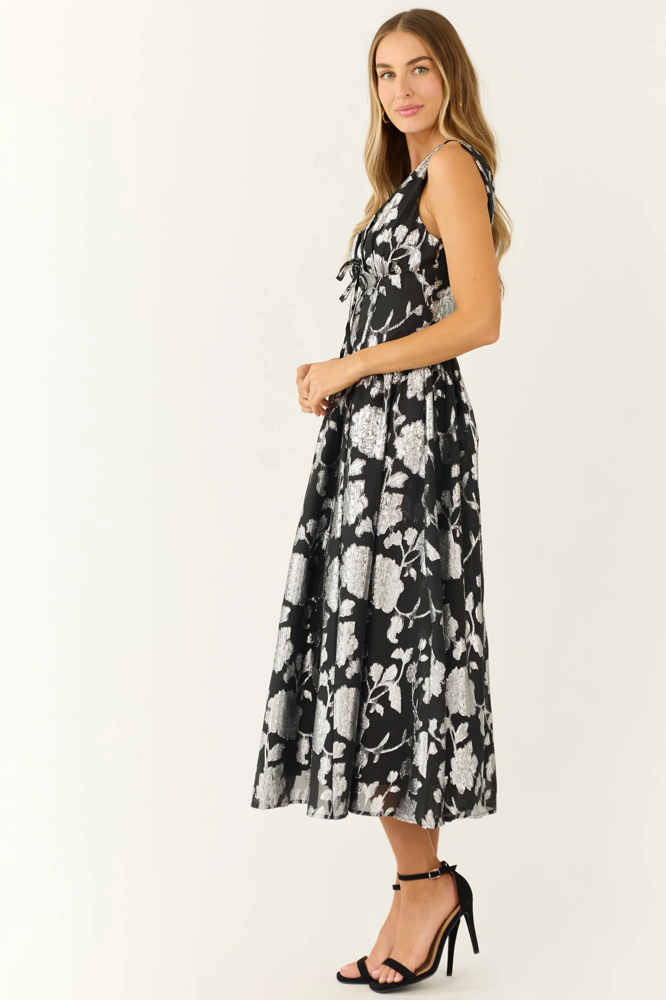 Black Floral Midi Dress with Silver Detailing