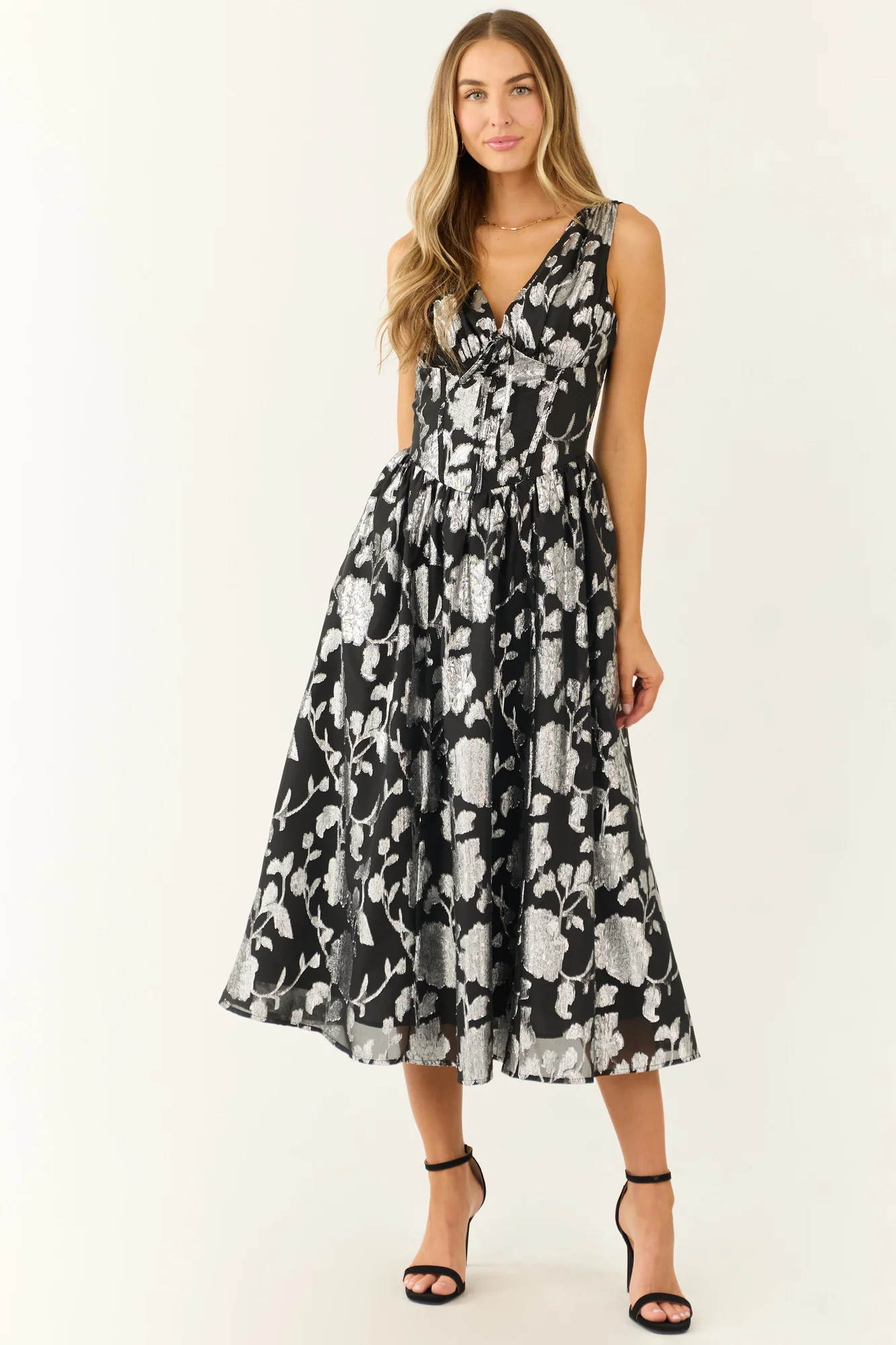Black Floral Midi Dress with Silver Detailing