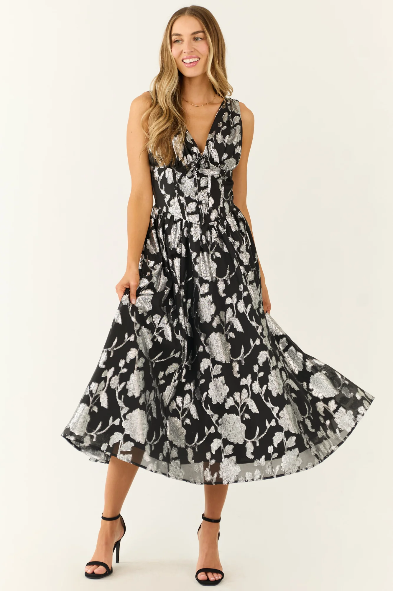 Black Floral Midi Dress with Silver Detailing