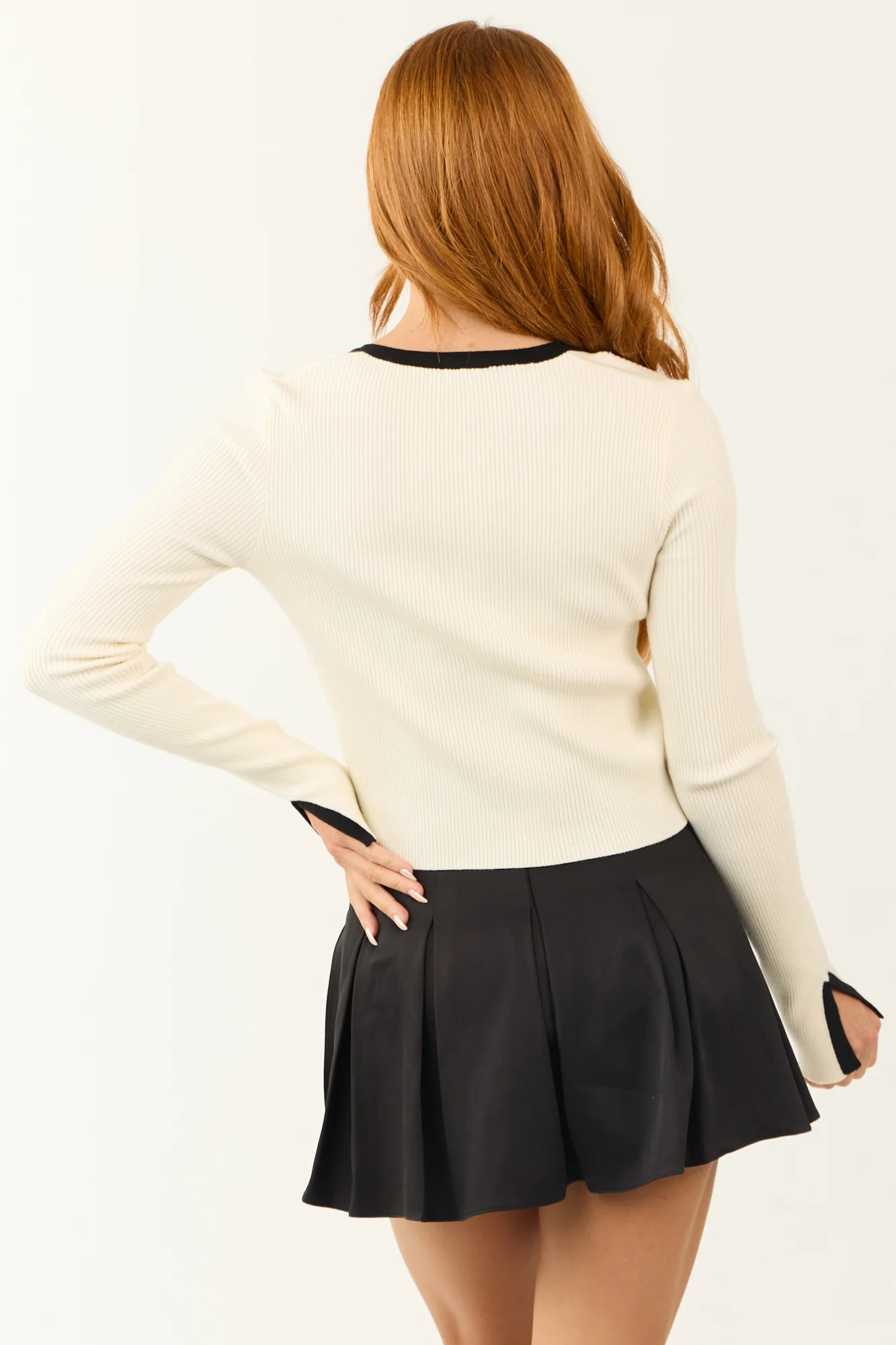 Cream Ribbed Knit Long Sleeve Top with Black Contrast Details