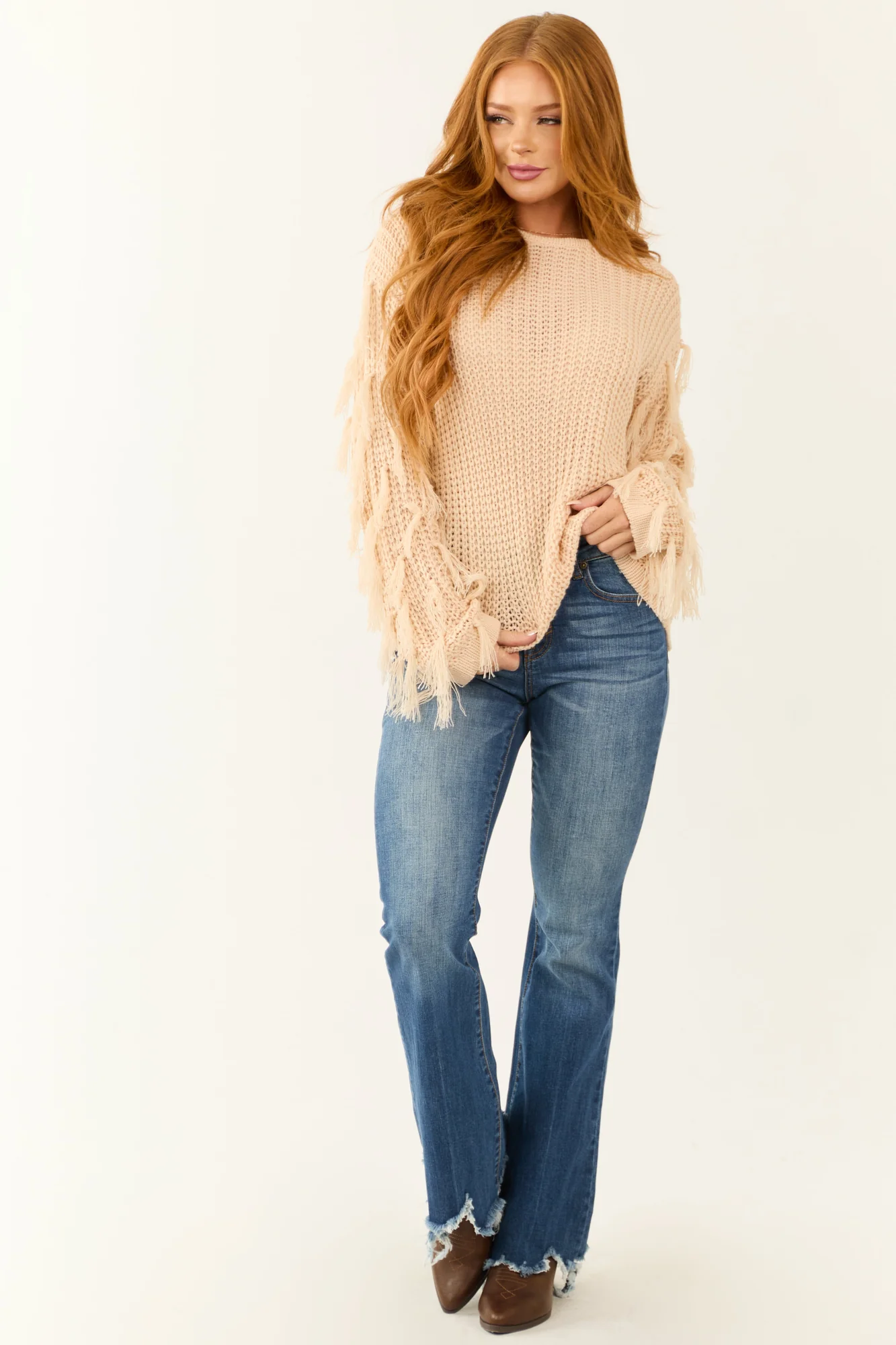 Champagne Knit Sweater with Fringe Tassel Sleeves