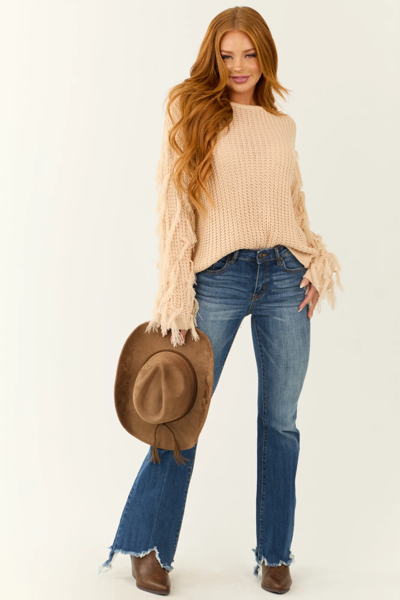 Champagne Knit Sweater with Fringe Tassel Sleeves