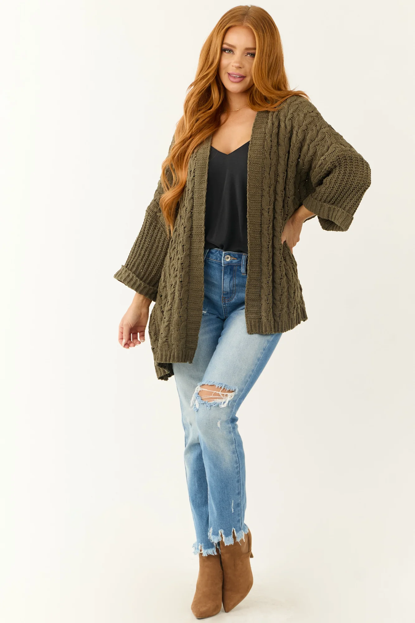 Green Cable Knit Open Front Cardigan