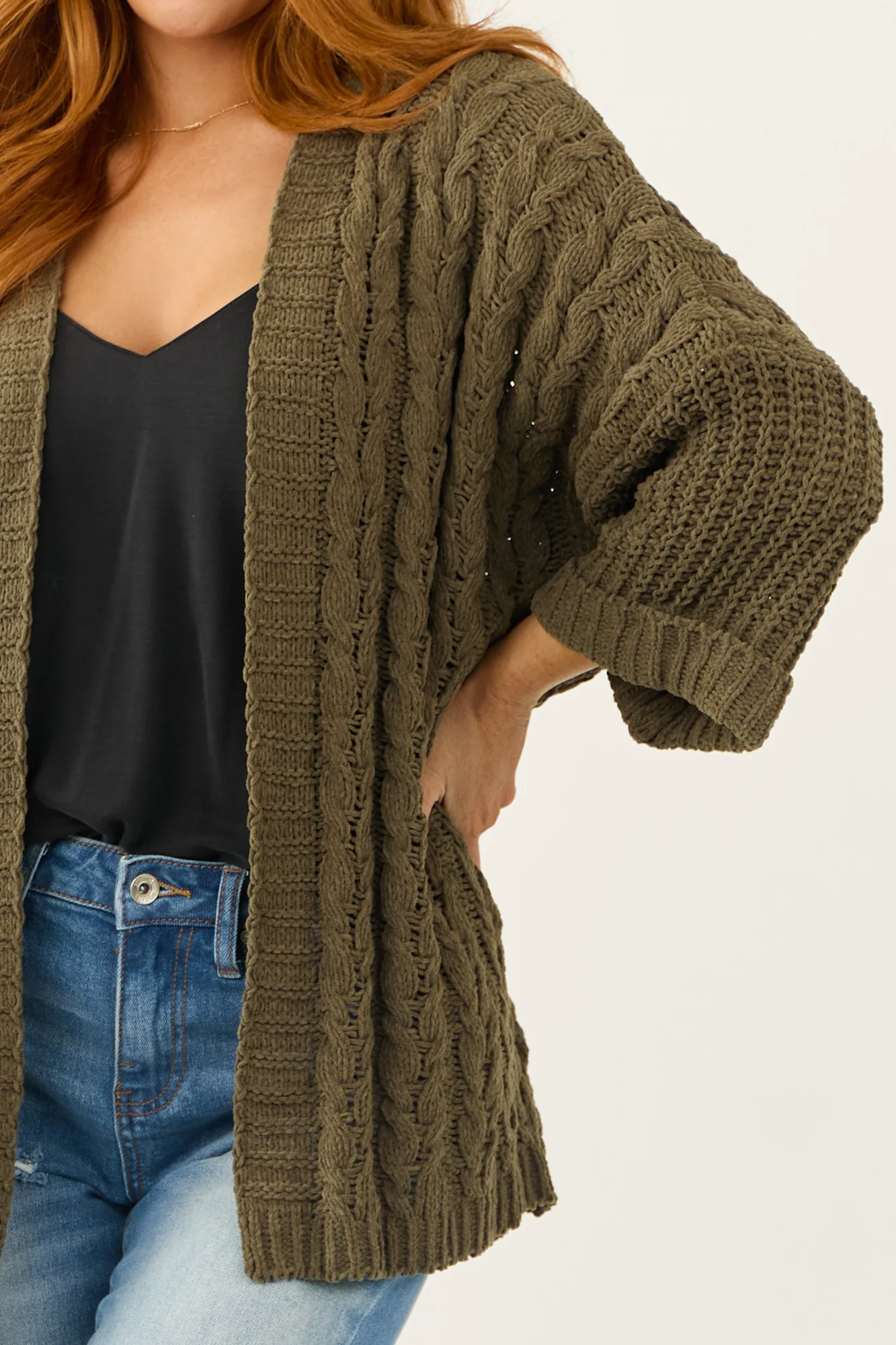 Green Cable Knit Open Front Cardigan