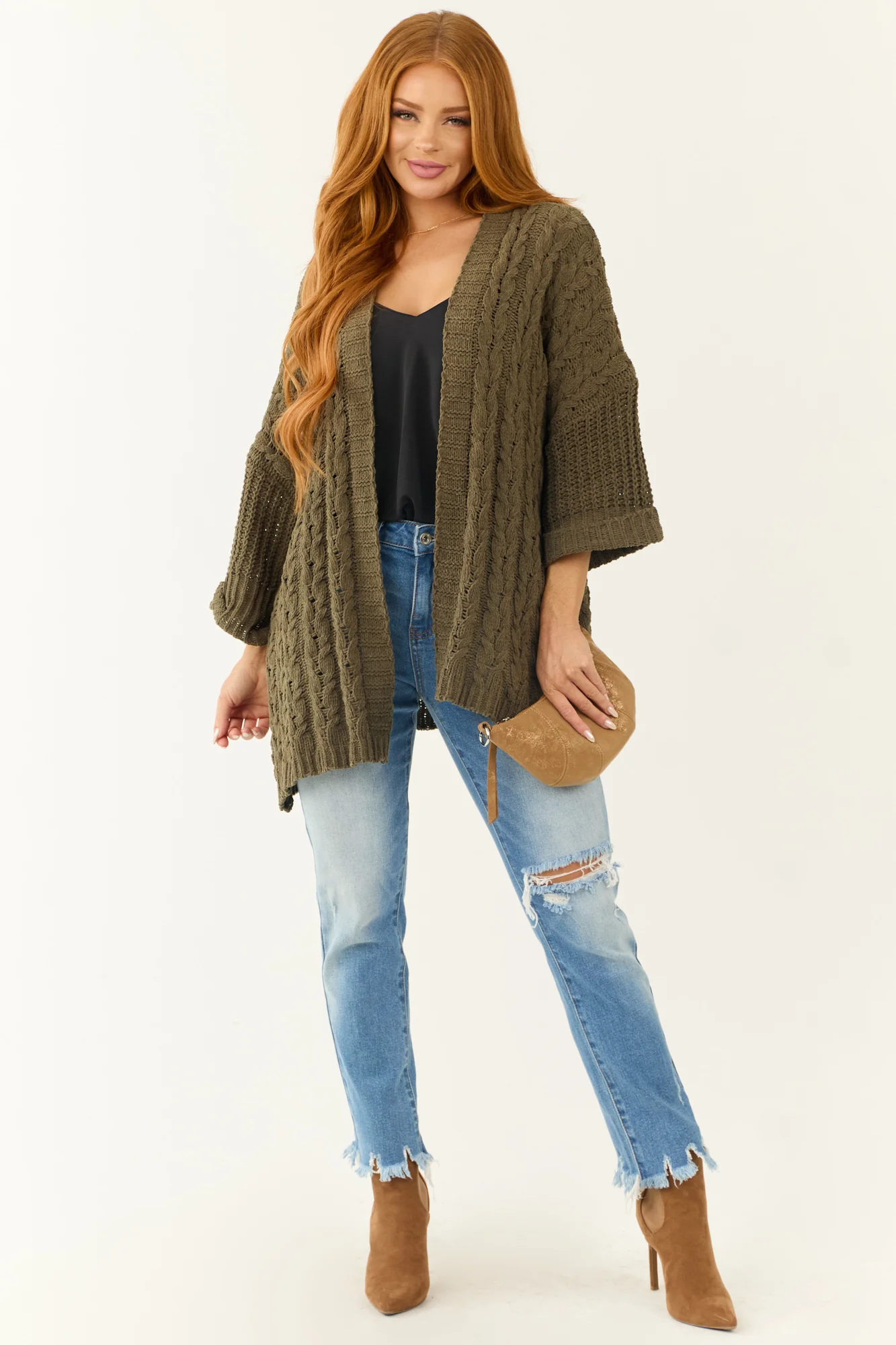 Green Cable Knit Open Front Cardigan