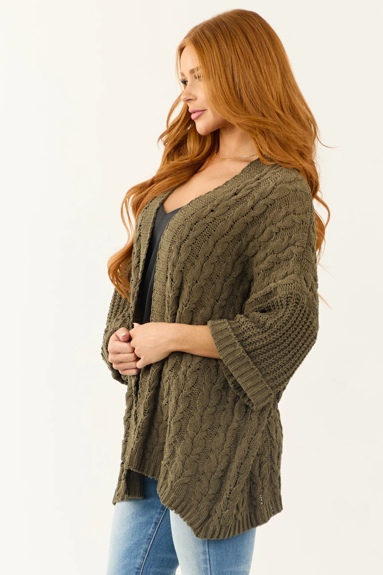 Green Cable Knit Open Front Cardigan
