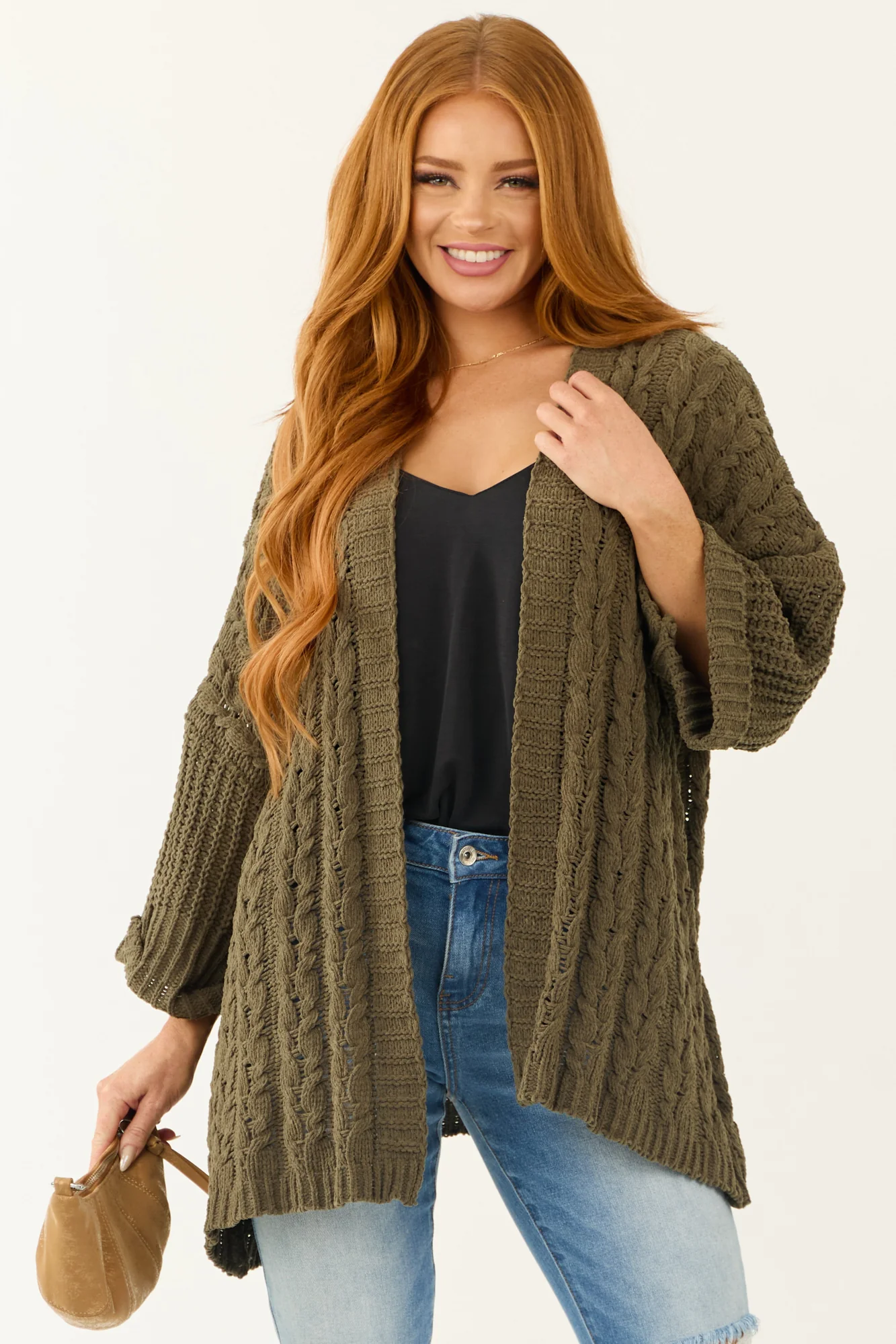 Green Cable Knit Open Front Cardigan