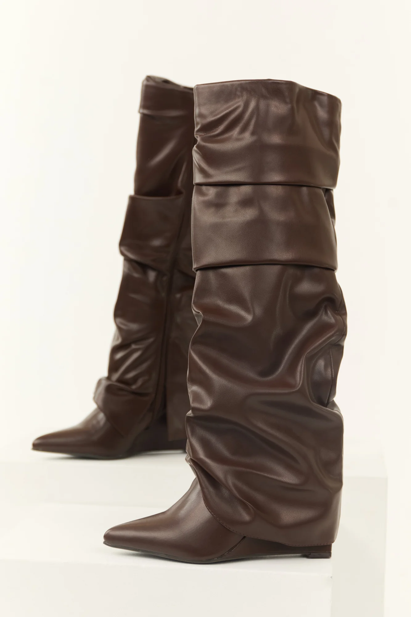 Brown Faux Leather Slouchy Knee High Boots