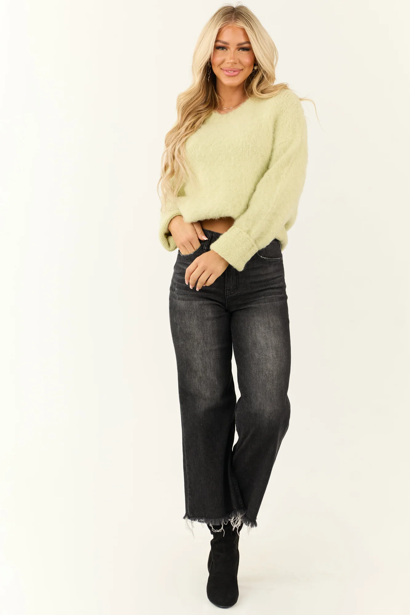 Green Fuzzy Knit Long Sleeve Sweater