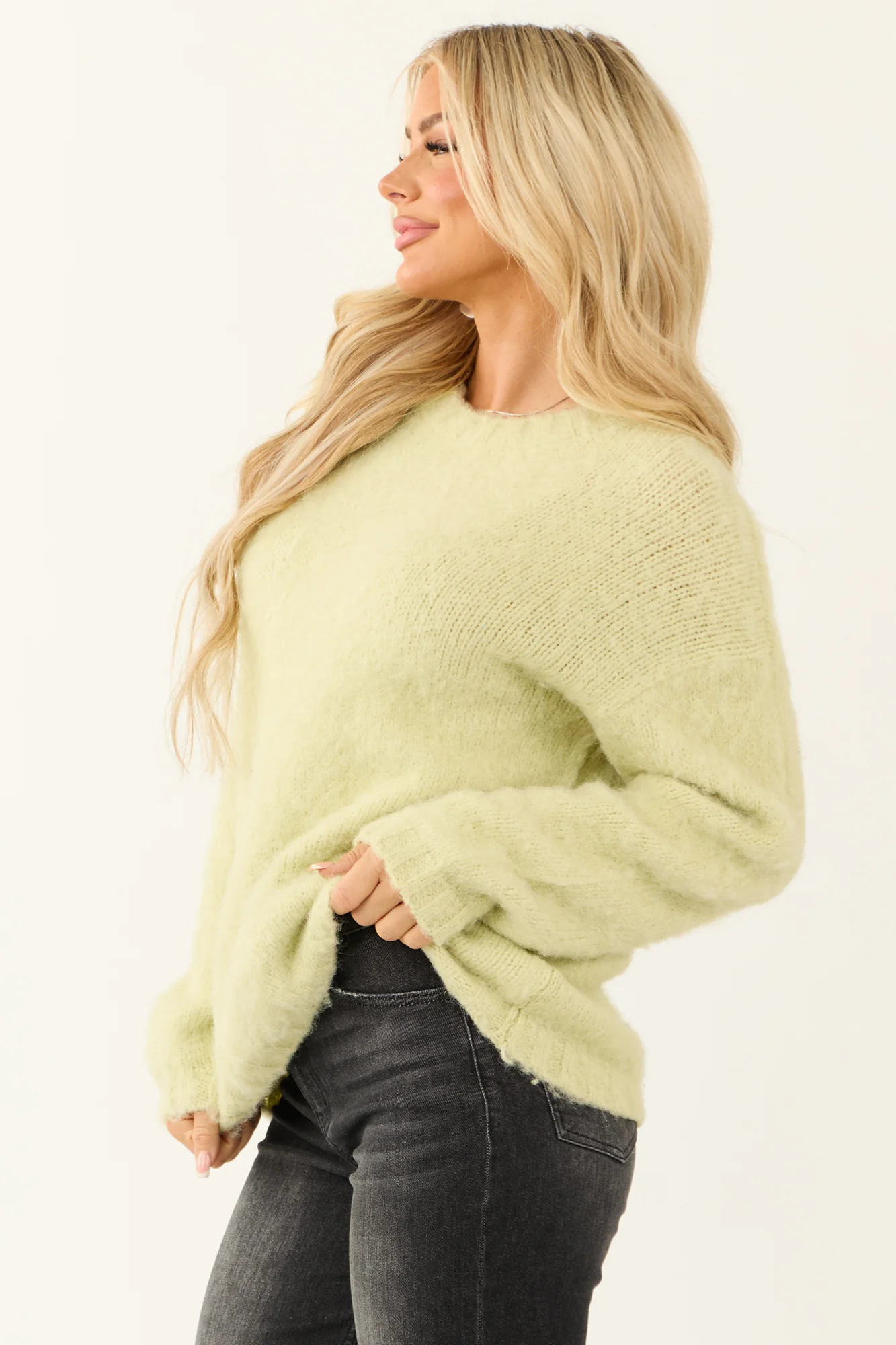 Green Fuzzy Knit Long Sleeve Sweater