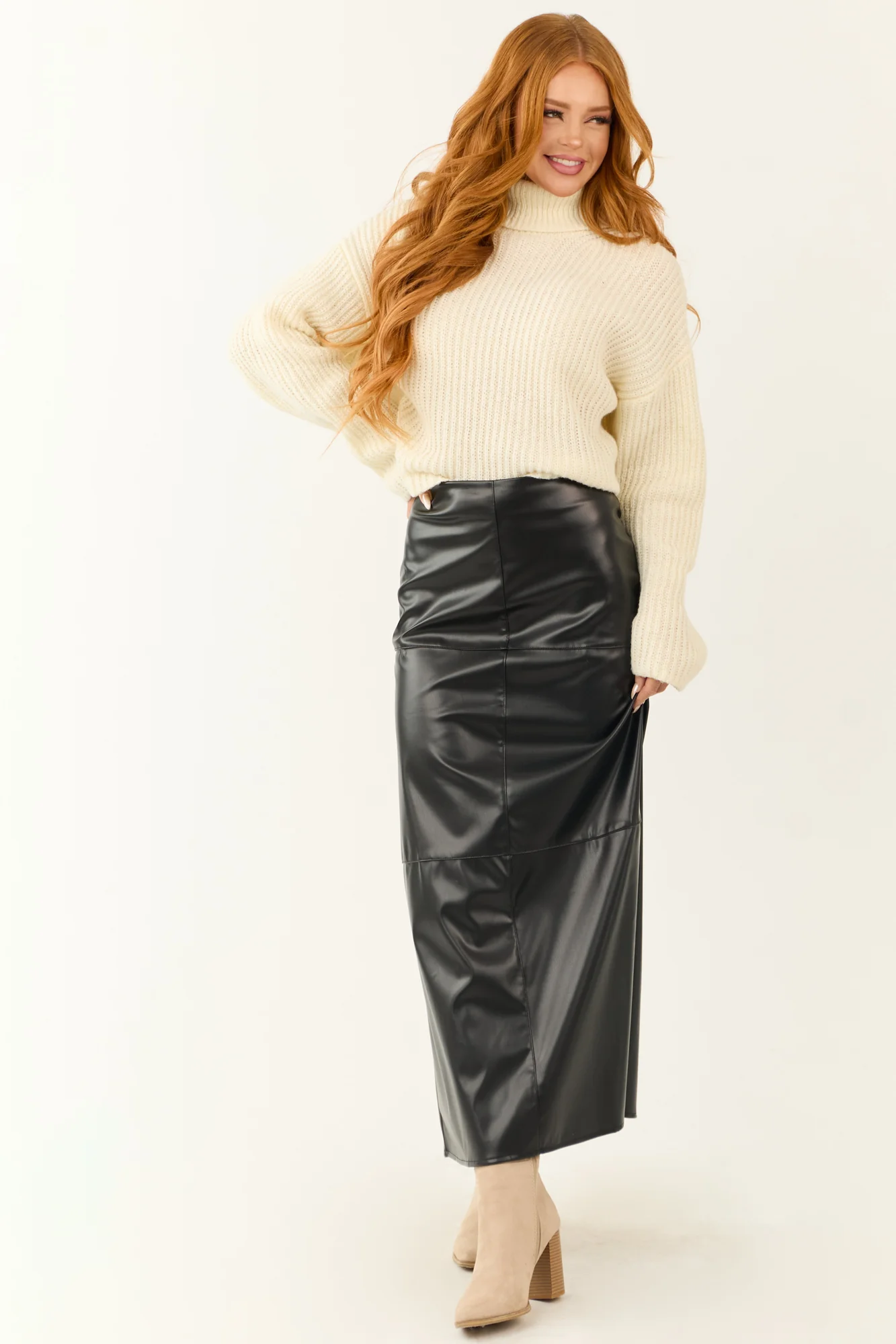 Black Faux Leather Maxi Skirt with Back Slit