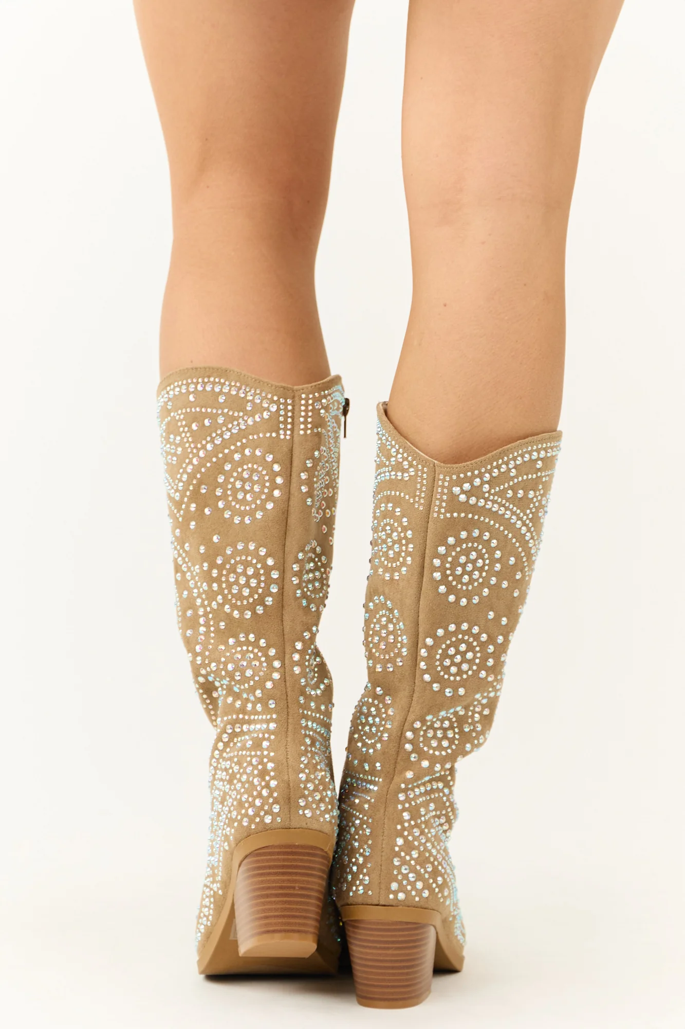 Taupe Rhinestone Embellished Cowgirl Boots