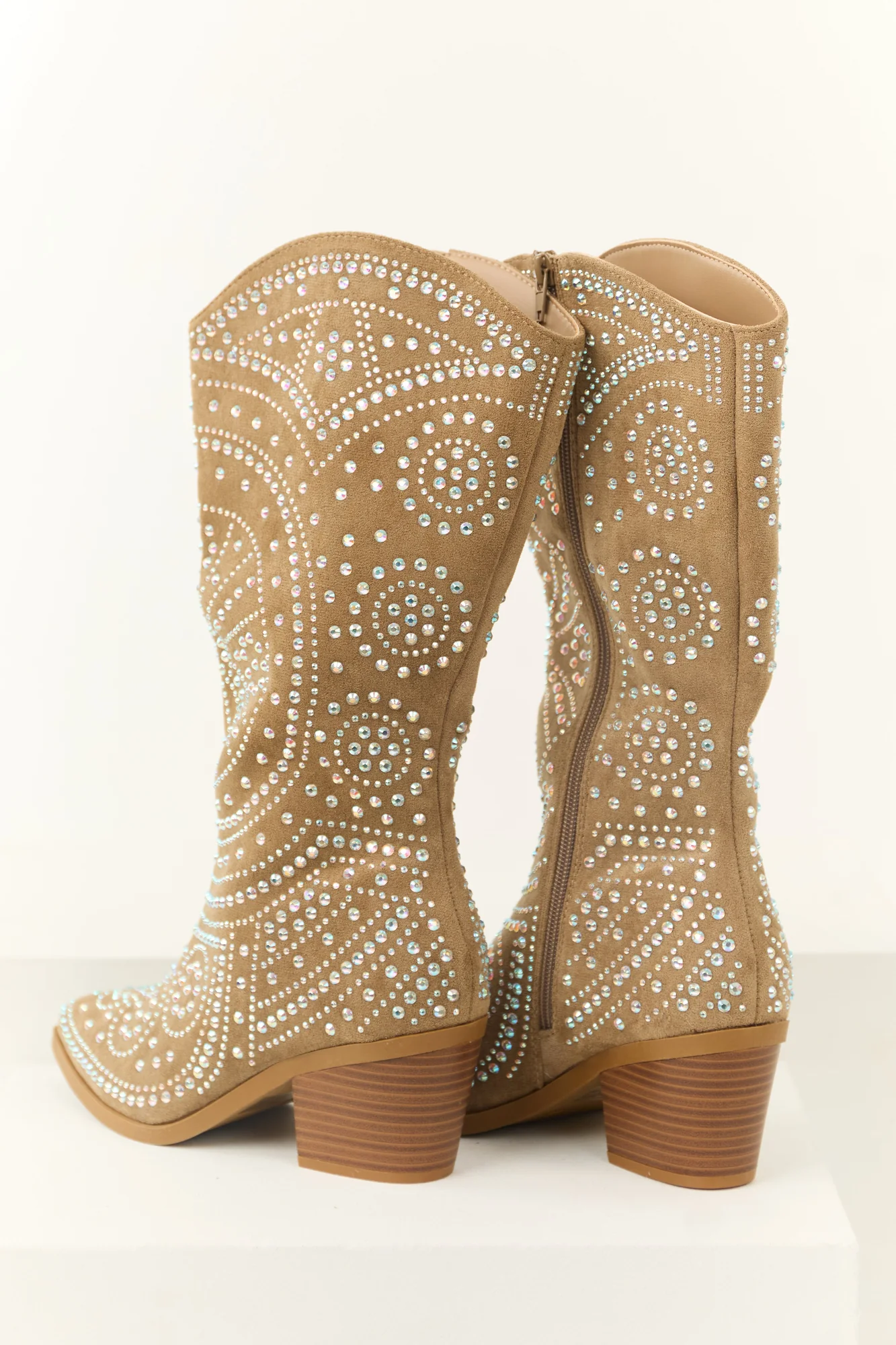 Taupe Rhinestone Embellished Cowgirl Boots