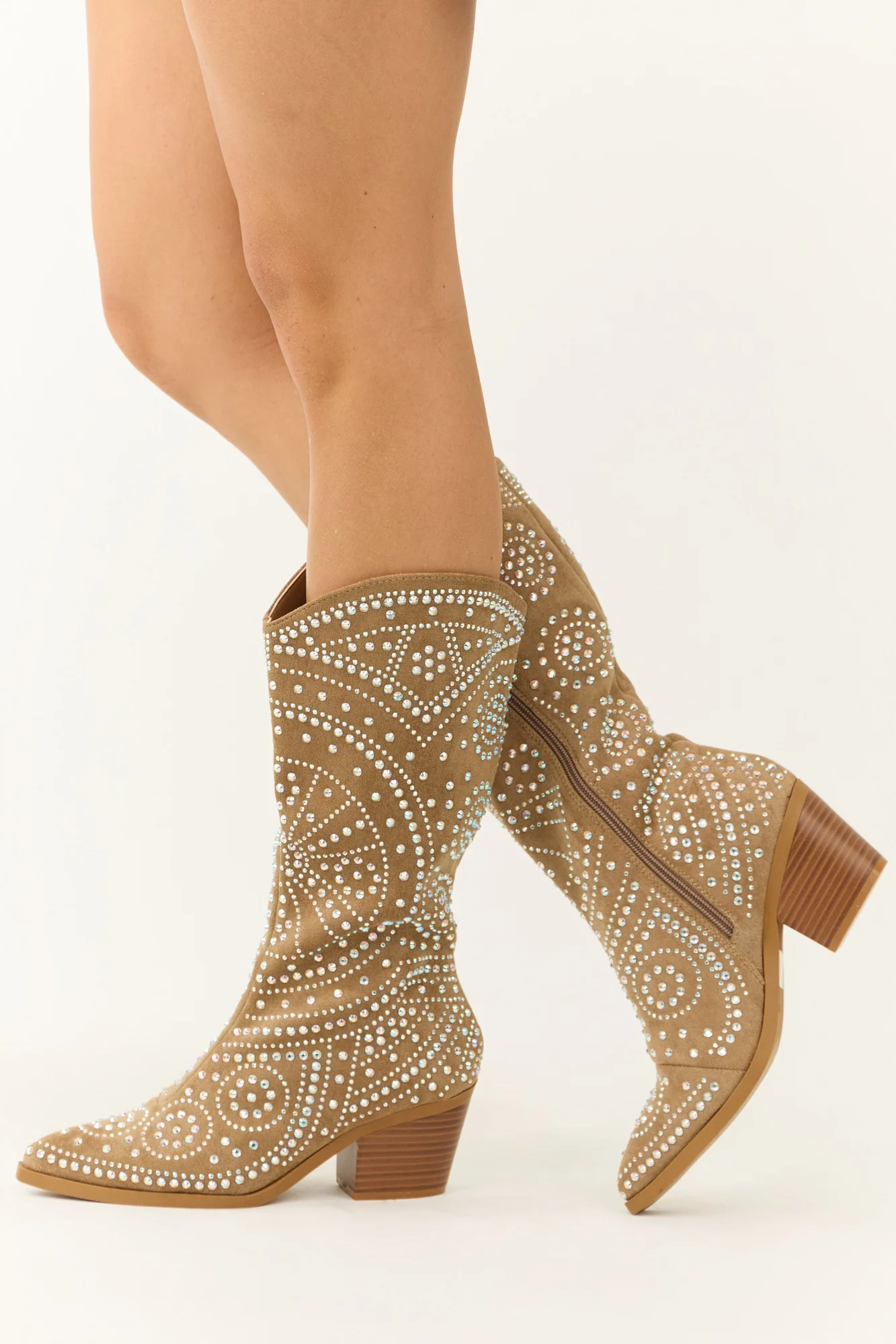 Taupe Rhinestone Embellished Cowgirl Boots