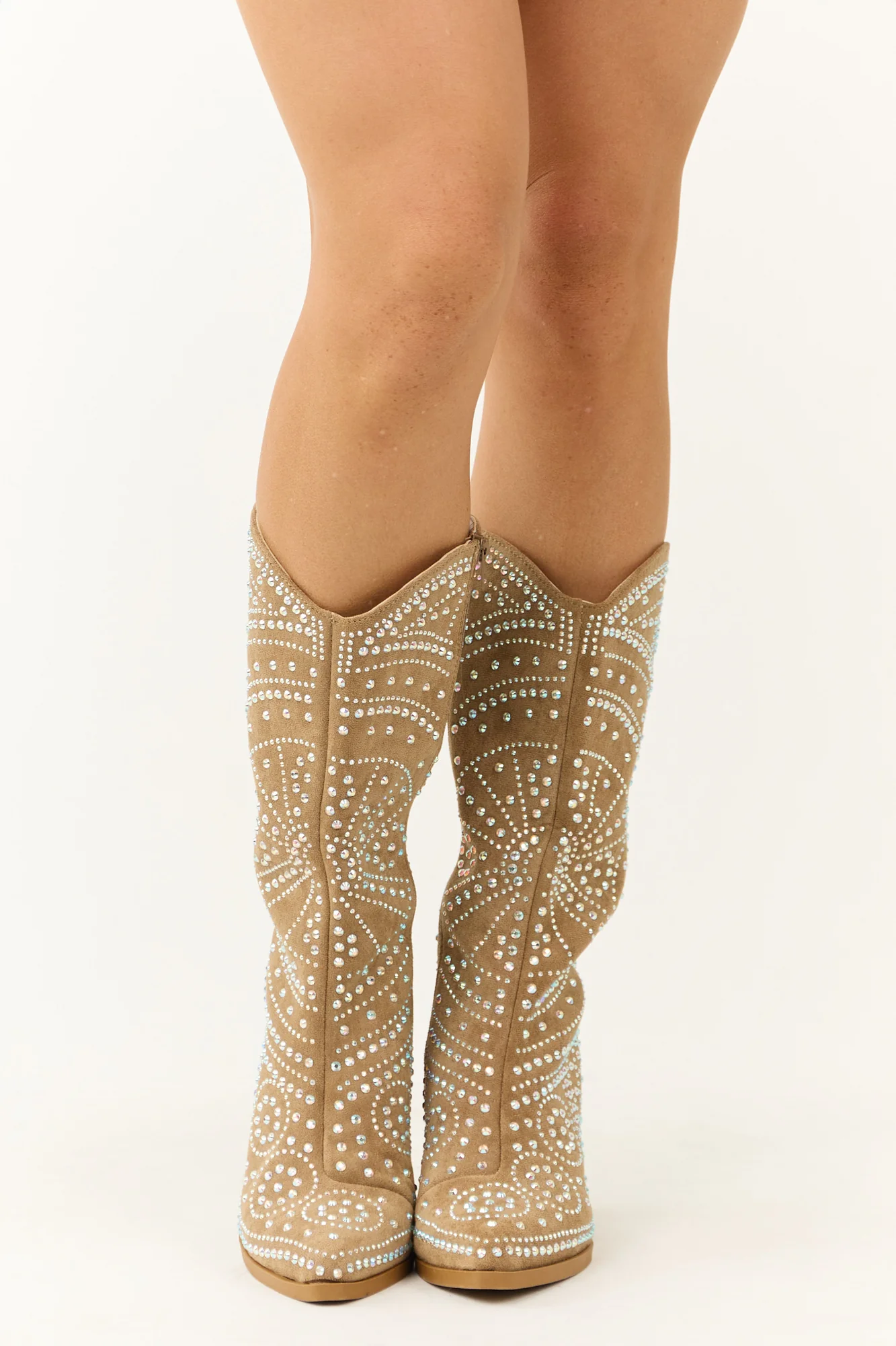 Taupe Rhinestone Embellished Cowgirl Boots