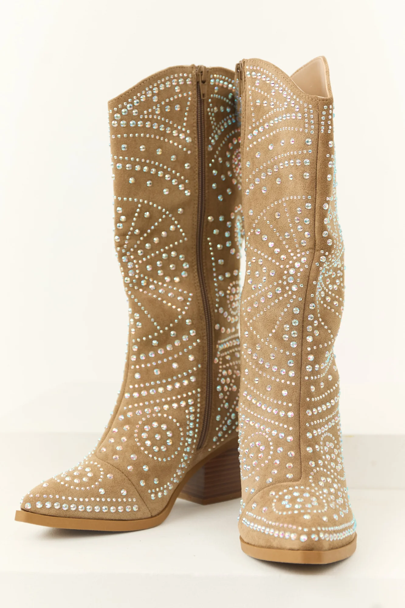 Taupe Rhinestone Embellished Cowgirl Boots
