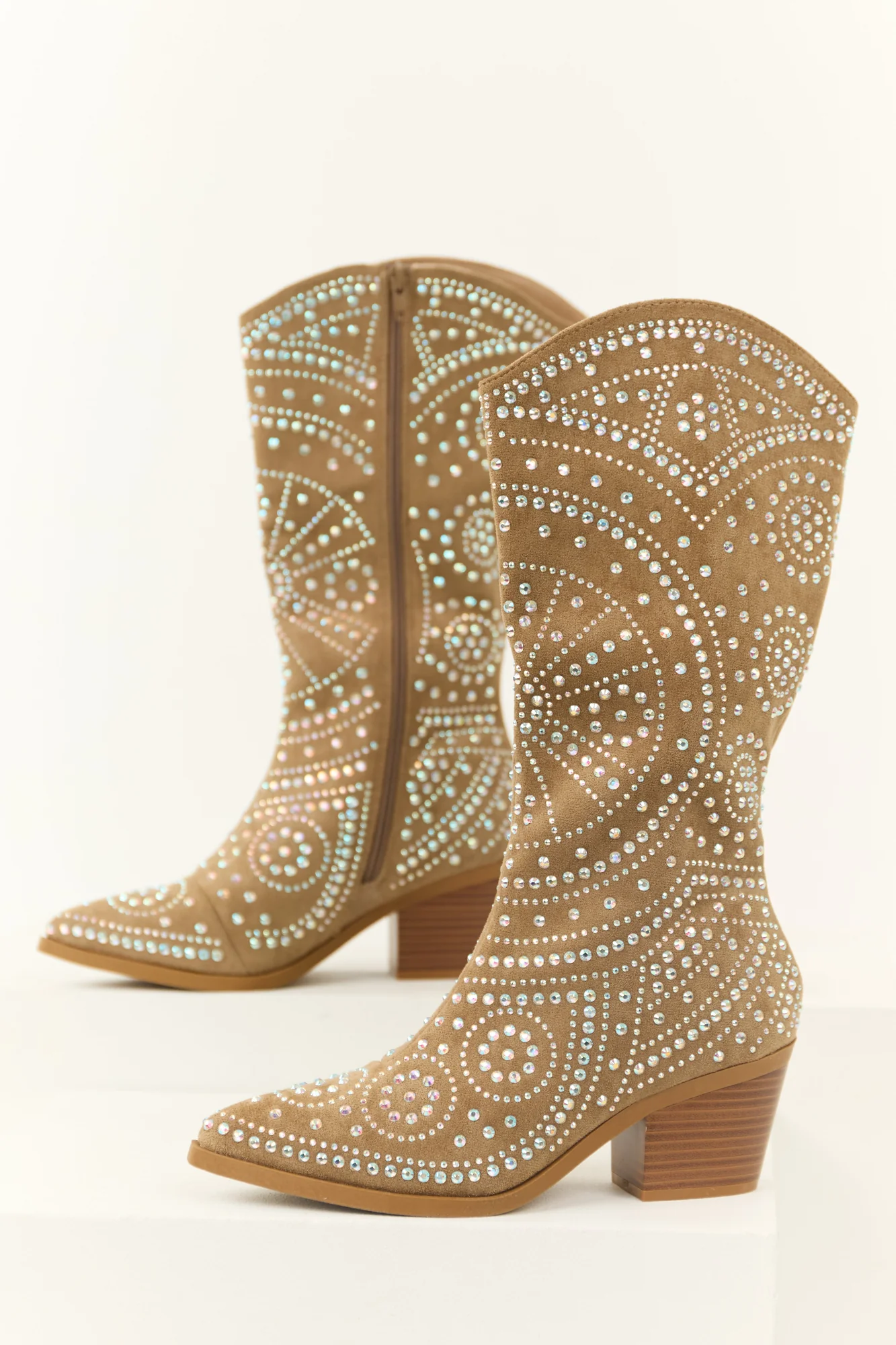 Taupe Rhinestone Embellished Cowgirl Boots