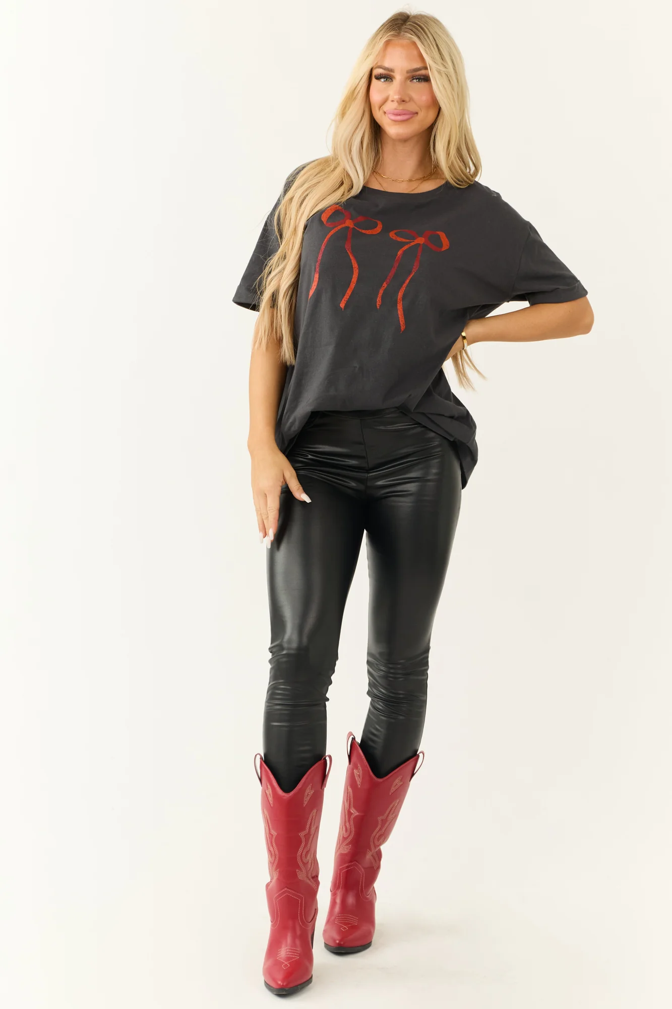 Oversized Graphite Ribbon Bow Short Sleeve Top