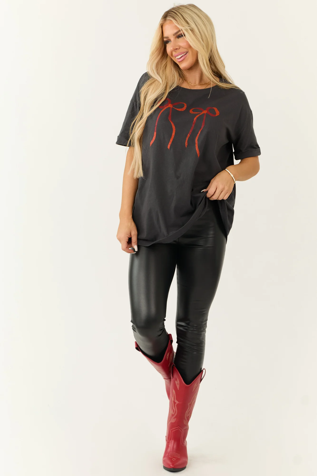 Oversized Graphite Ribbon Bow Short Sleeve Top