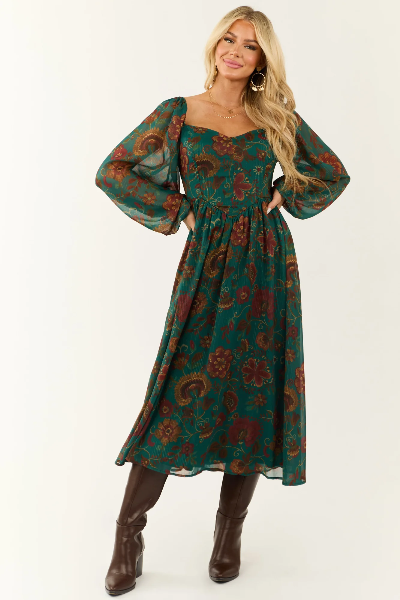 Dark Floral Mesh Sleeve Midi Dress - Sweetheart Neckline