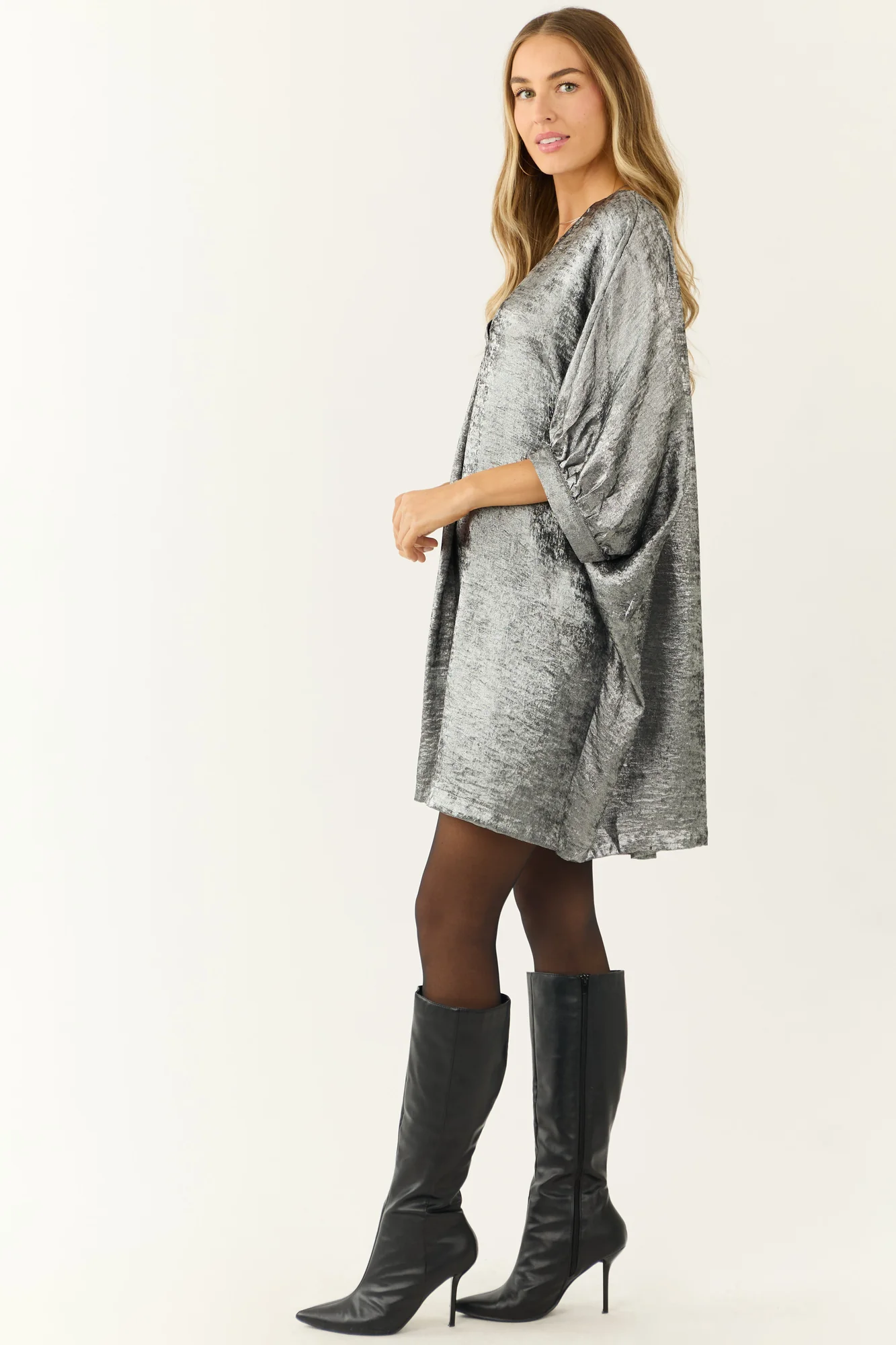 Silver Foil Kimono Sleeve Mini Dress