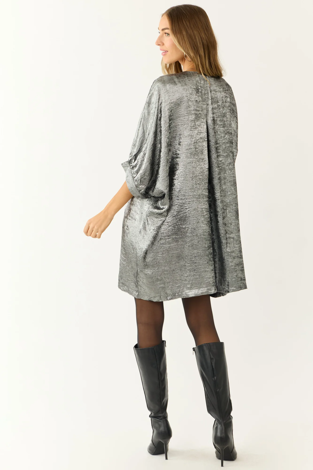 Silver Foil Kimono Sleeve Mini Dress