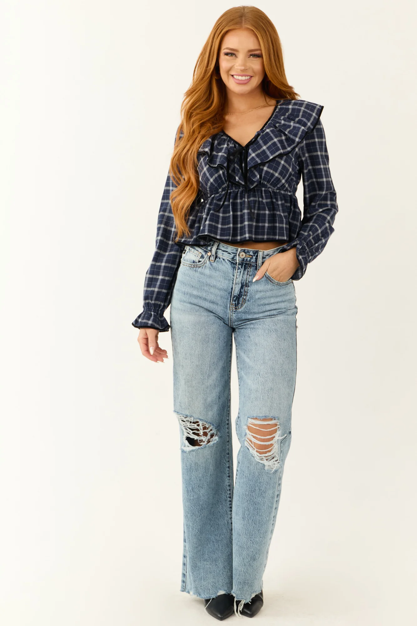 Navy Plaid Velvet Trim V-Neck Long Sleeve Top