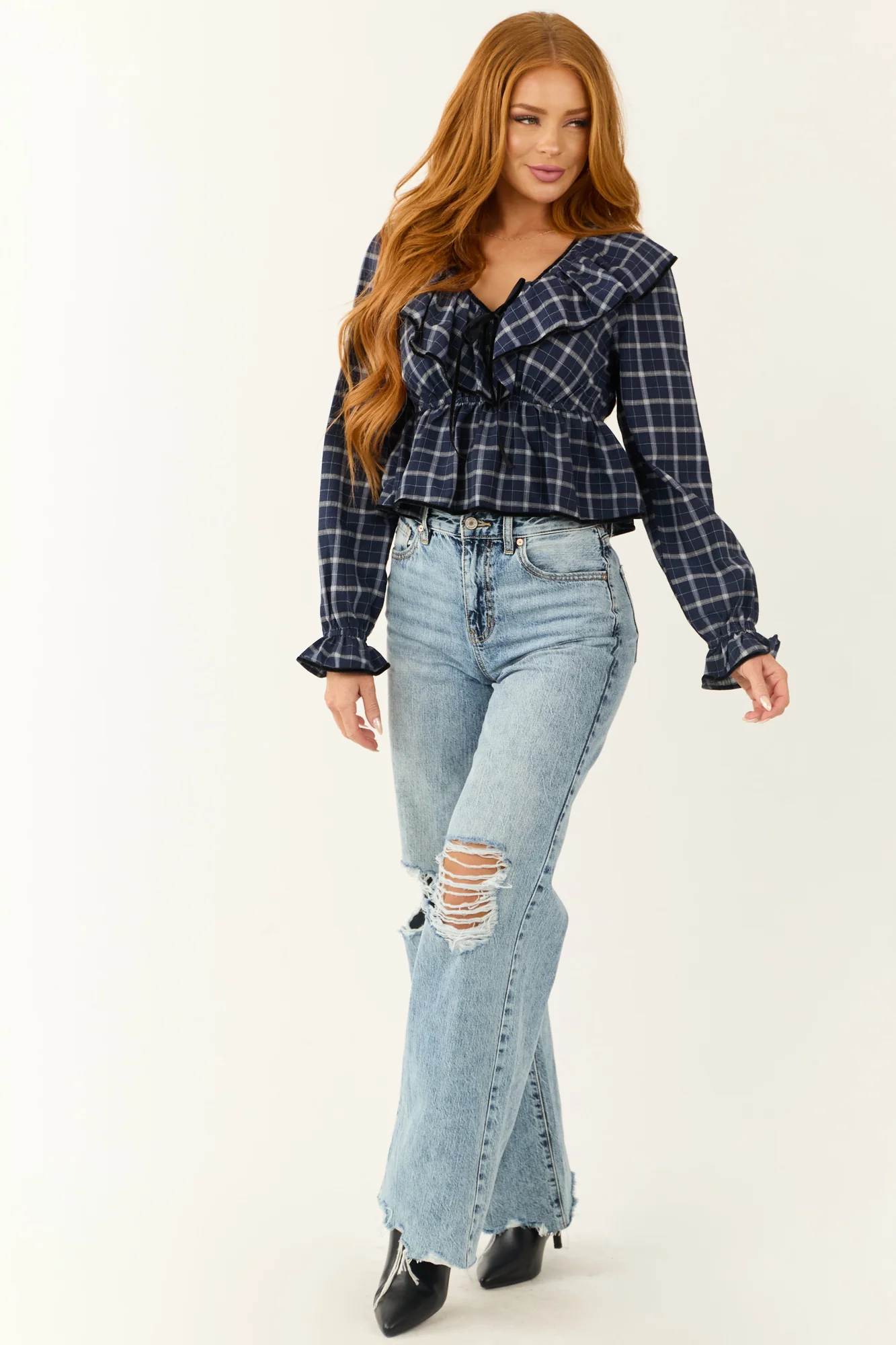 Navy Plaid Velvet Trim V-Neck Long Sleeve Top