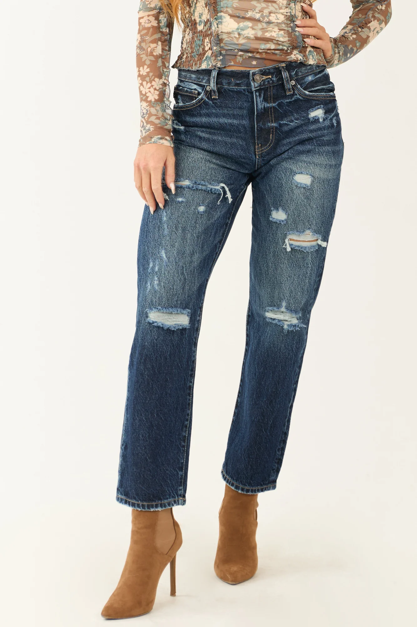 Distressed Dark Wash High Rise Ankle Jeans