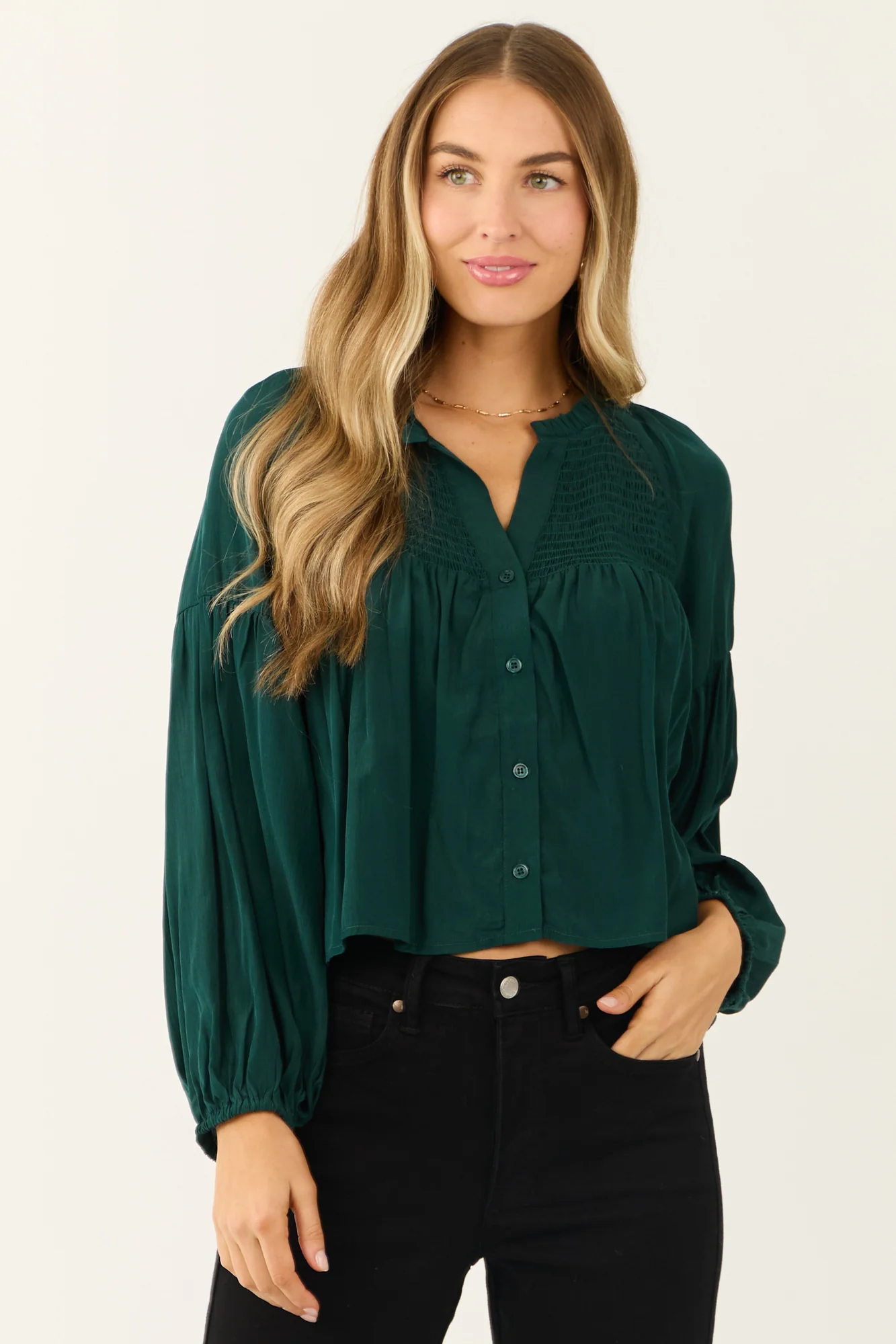 Flowy Forest Green Button Up Long Sleeve Top