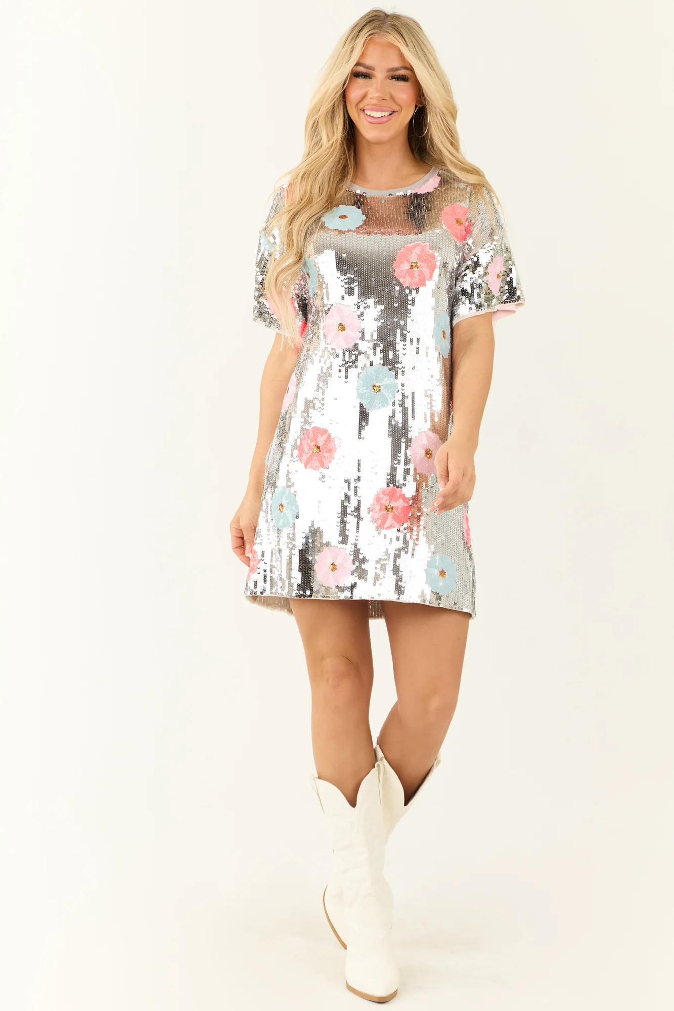 Floral Sequin Mini Dress in Silver Mesh