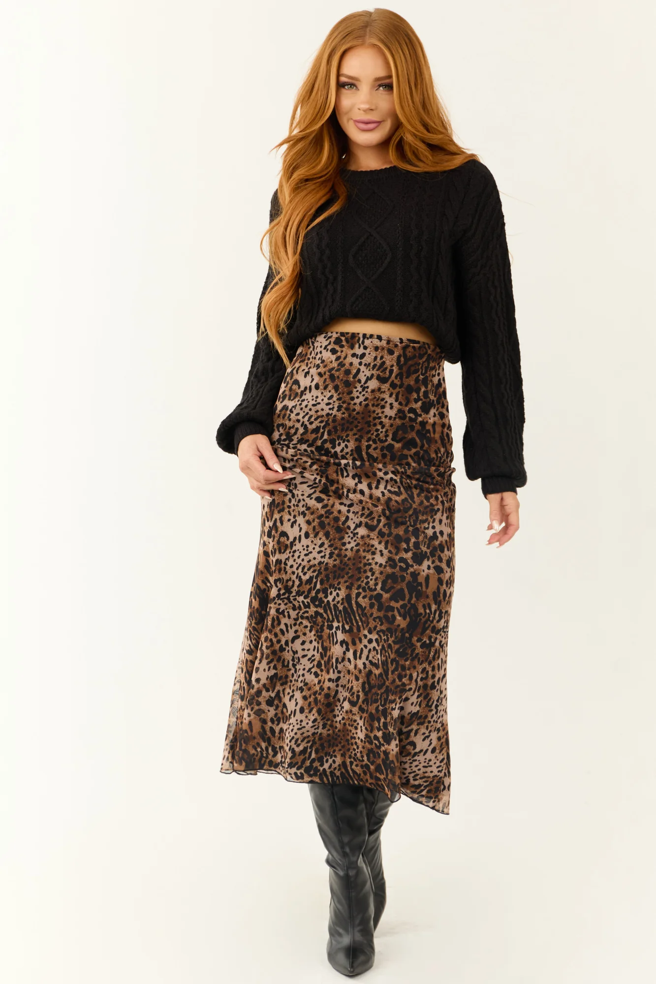 Leopard Print Knit Midi Skirt in Camel & Black