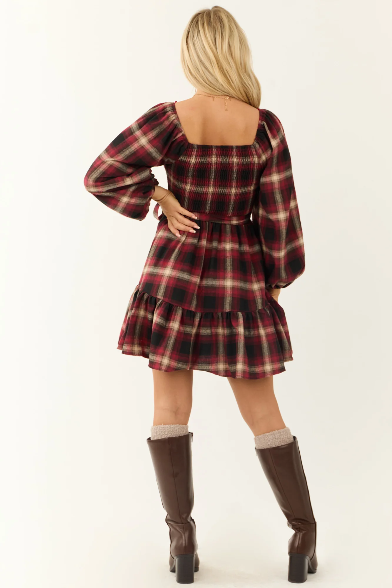 Ruby Plaid Smocked Bodice Short Dress