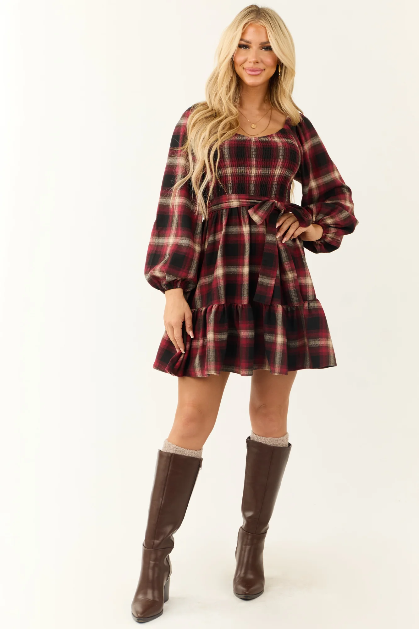 Ruby Plaid Smocked Bodice Short Dress