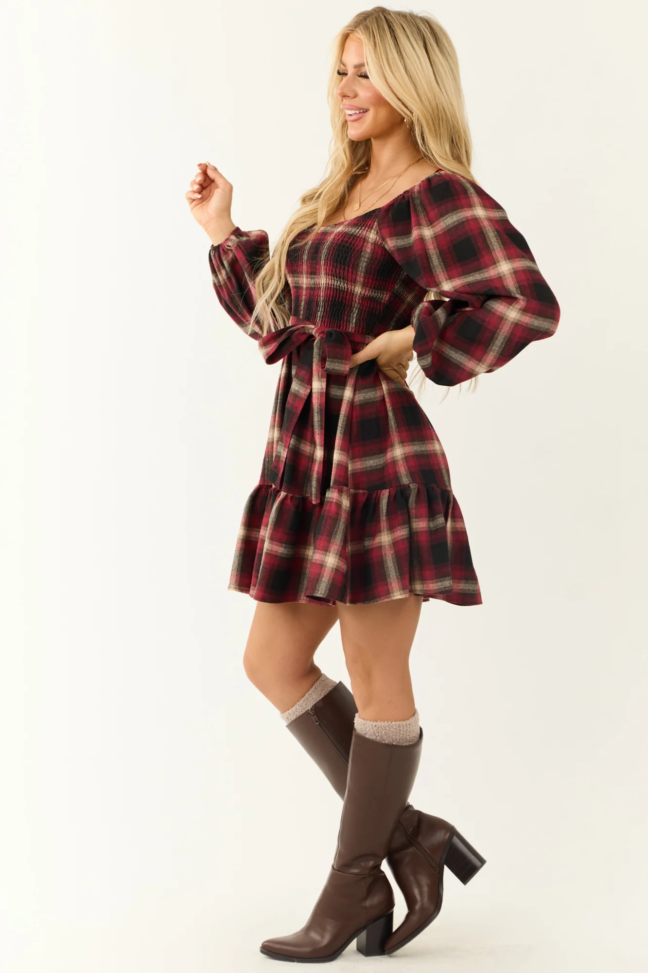 Ruby Plaid Smocked Bodice Short Dress